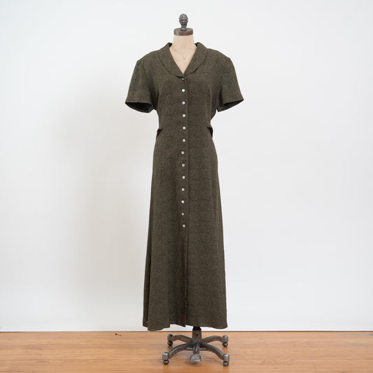 Vintage 90s Green Snakeskin Print Grunge Maxi Dress - Extra Large | Shawl Collar Button Up Short Sleeve Collared Dress