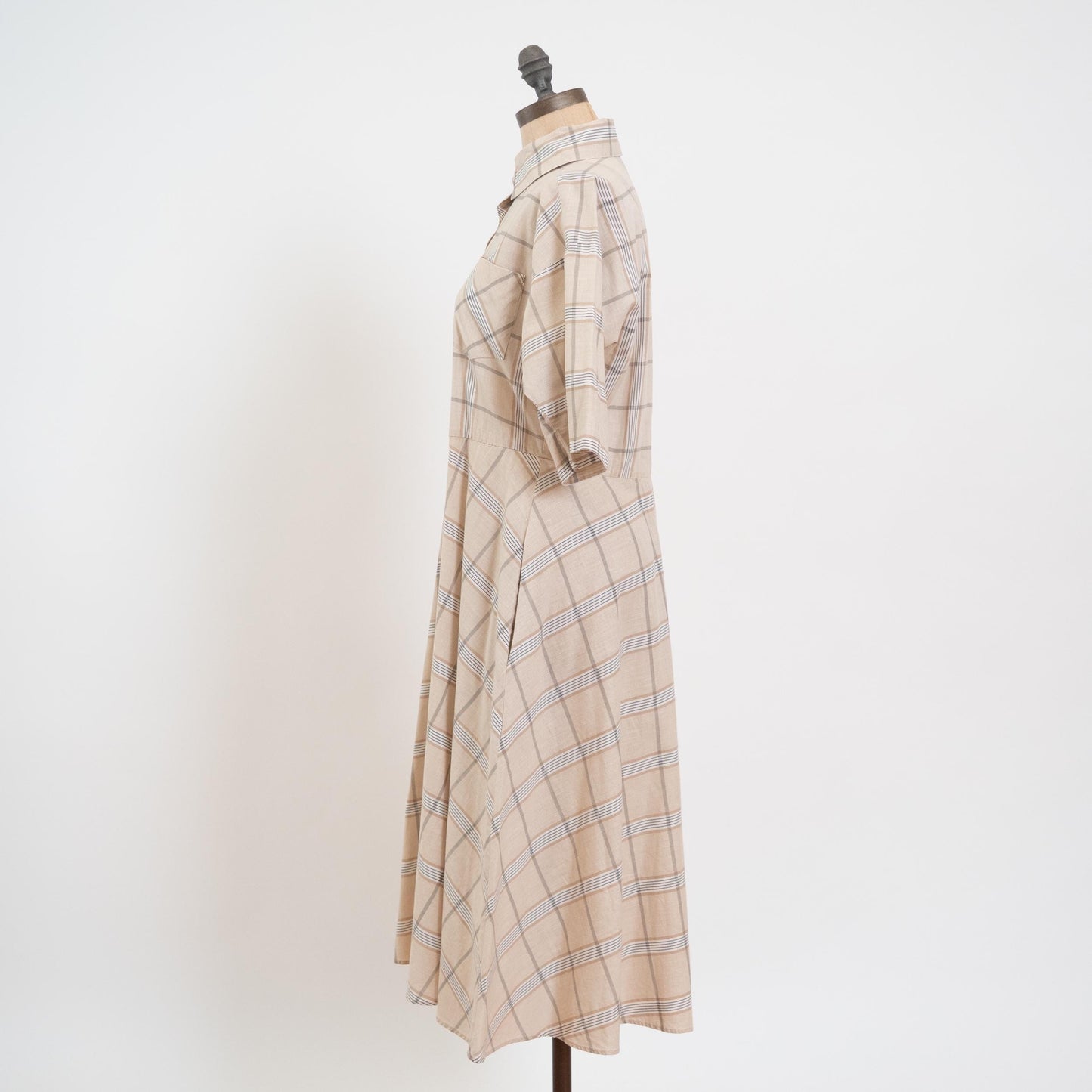 Vintage 70s Beige Plaid Midi Shirtdress - Large | Lightweight Button Up Collared Short Sleeve Dress