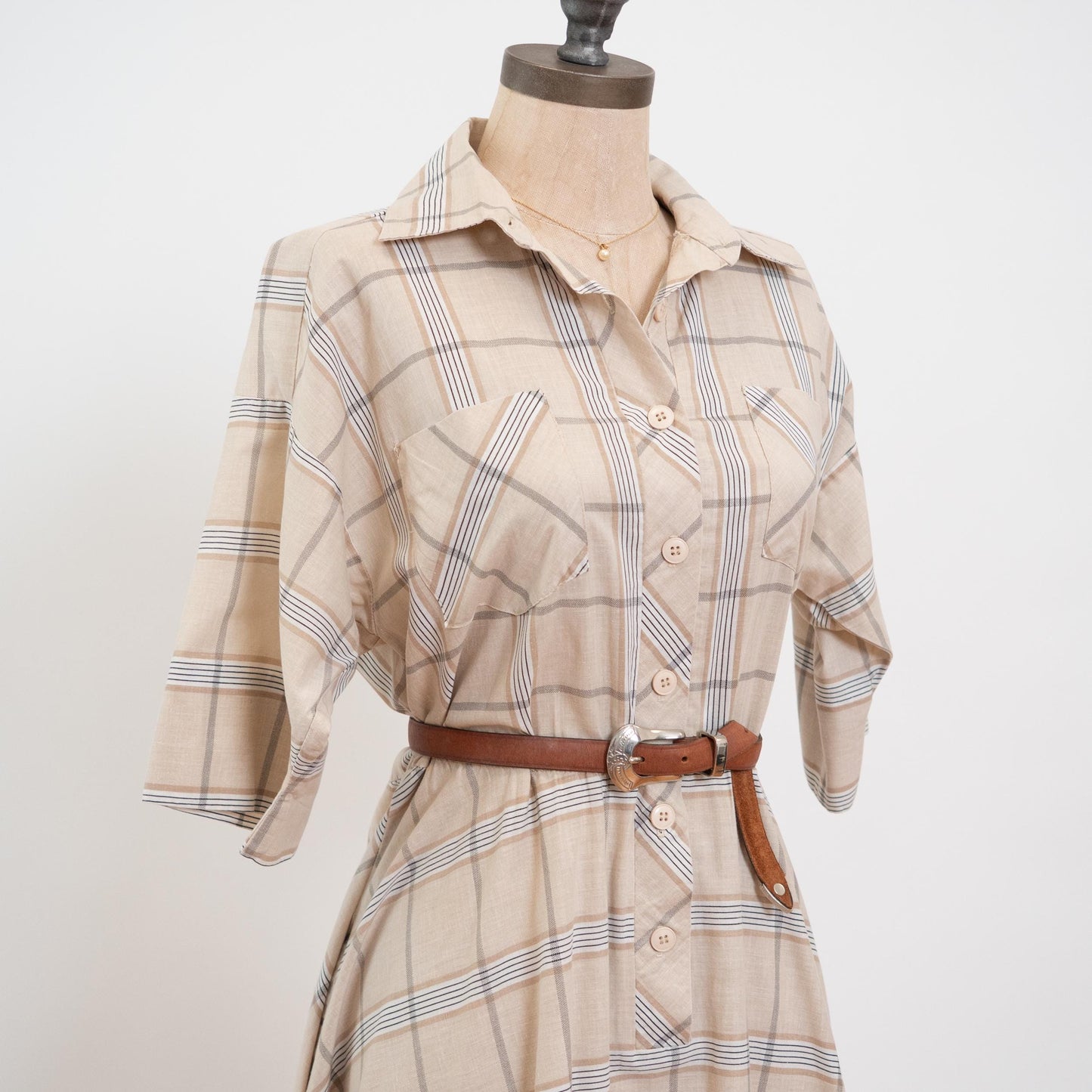 Vintage 70s Beige Plaid Midi Shirtdress - Large | Lightweight Button Up Collared Short Sleeve Dress