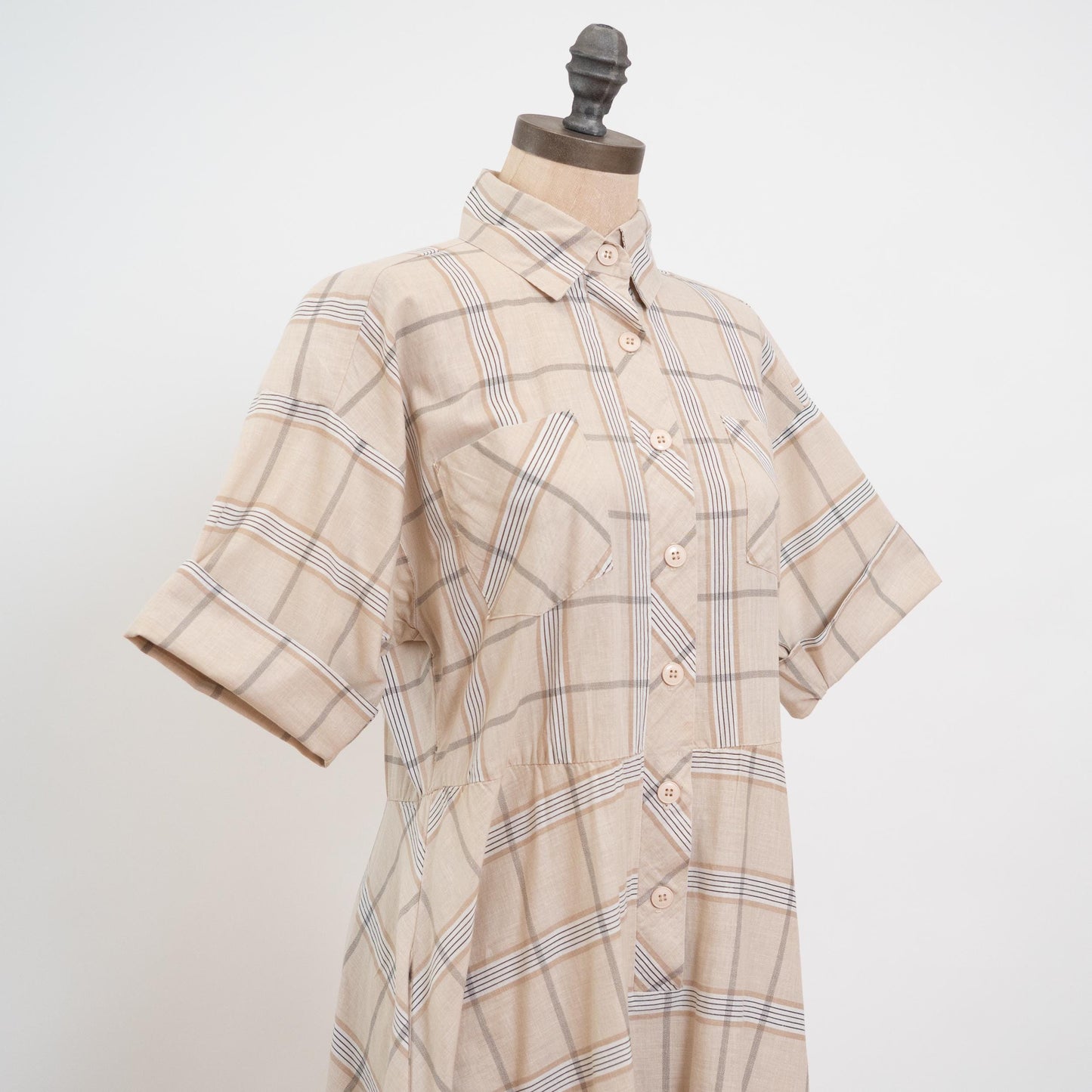 Vintage 70s Beige Plaid Midi Shirtdress - Large | Lightweight Button Up Collared Short Sleeve Dress