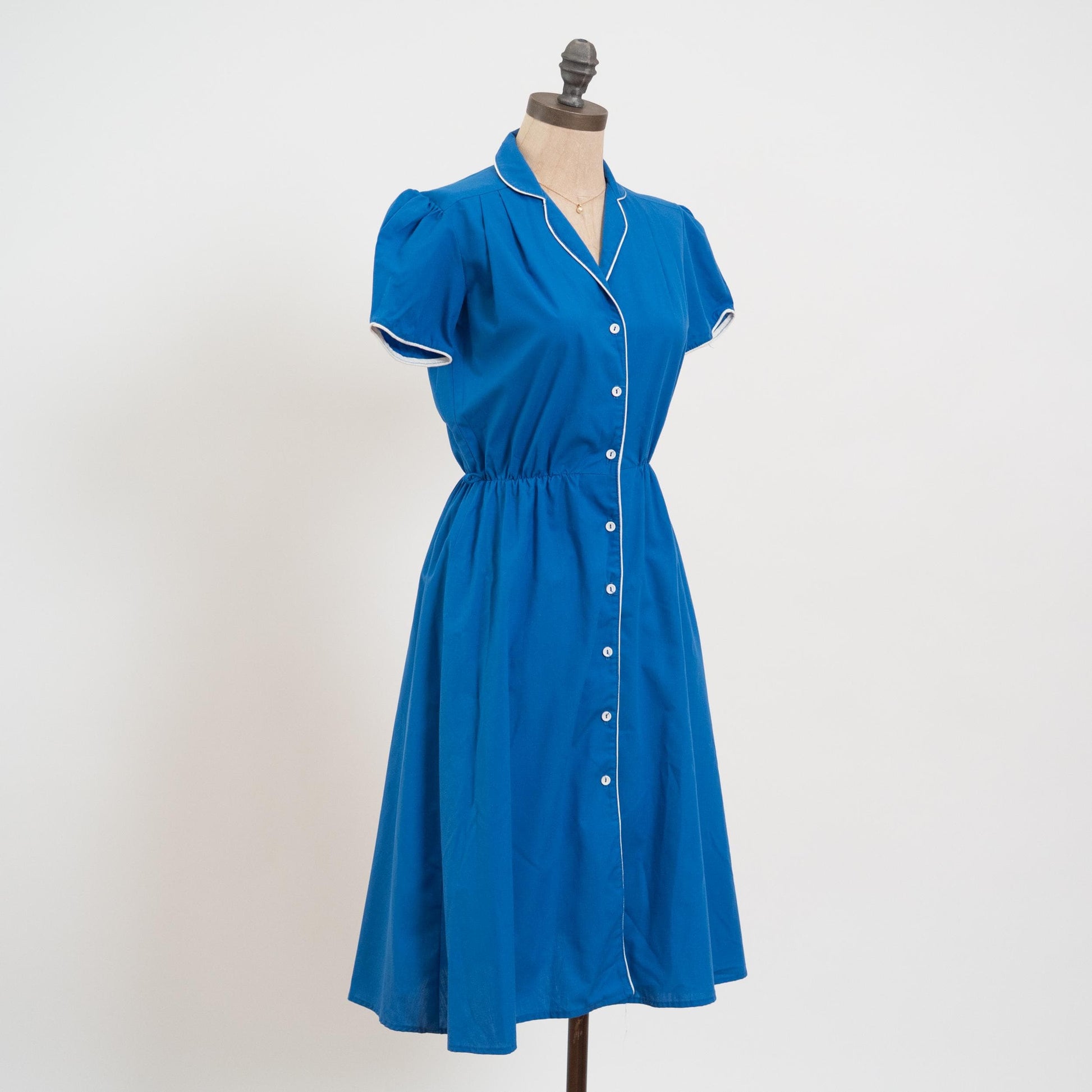 Vintage 70s 80s Retro Blue Puff Sleeve Midi Shirtdress - Extra Small | Lightweight Button Up Collared Short Sleeve Dress