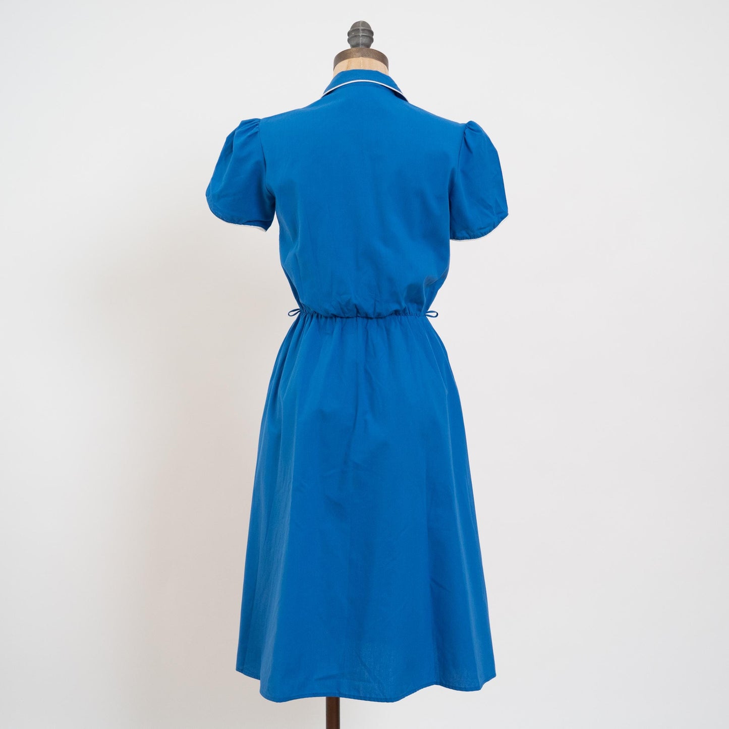 Vintage 70s 80s Retro Blue Puff Sleeve Midi Shirtdress - Extra Small | Lightweight Button Up Collared Short Sleeve Dress