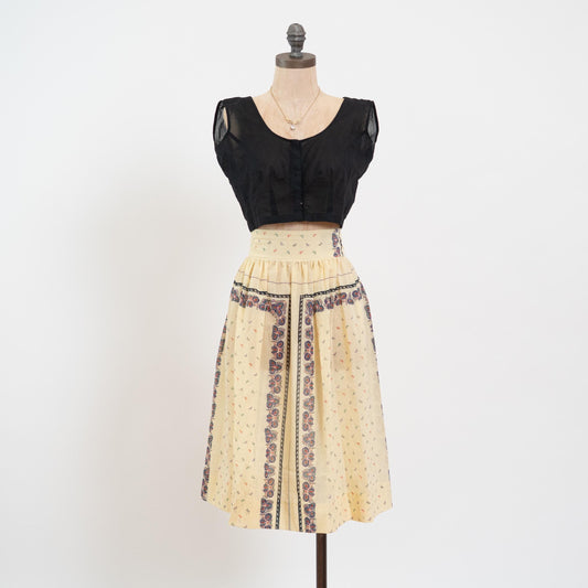 Vintage 70s Sheer Yellow Bandana Print Butter Yellow Midi Skirt - Medium, 28" Waist | Boho High Waisted A-Line Skirt