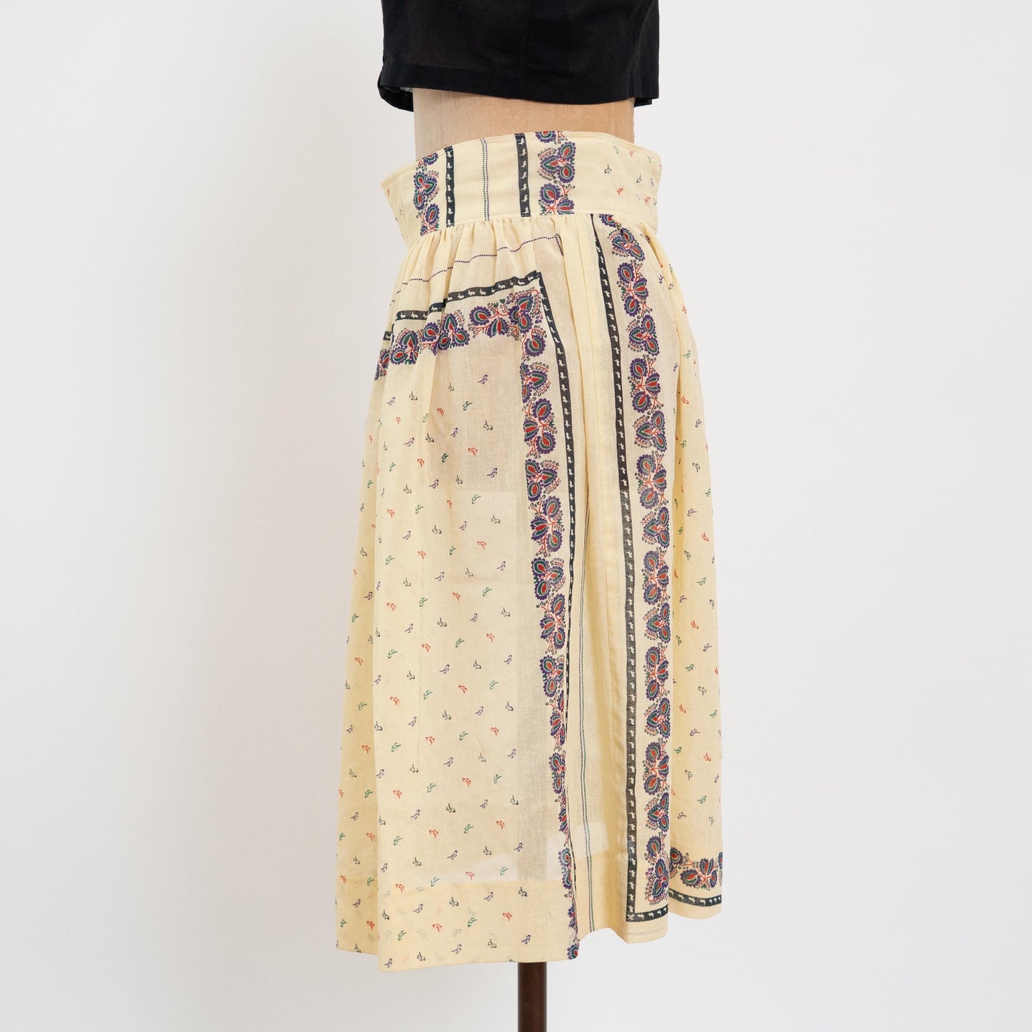 Vintage 70s Sheer Yellow Bandana Print Butter Yellow Midi Skirt - Medium, 28" Waist | Boho High Waisted A-Line Skirt