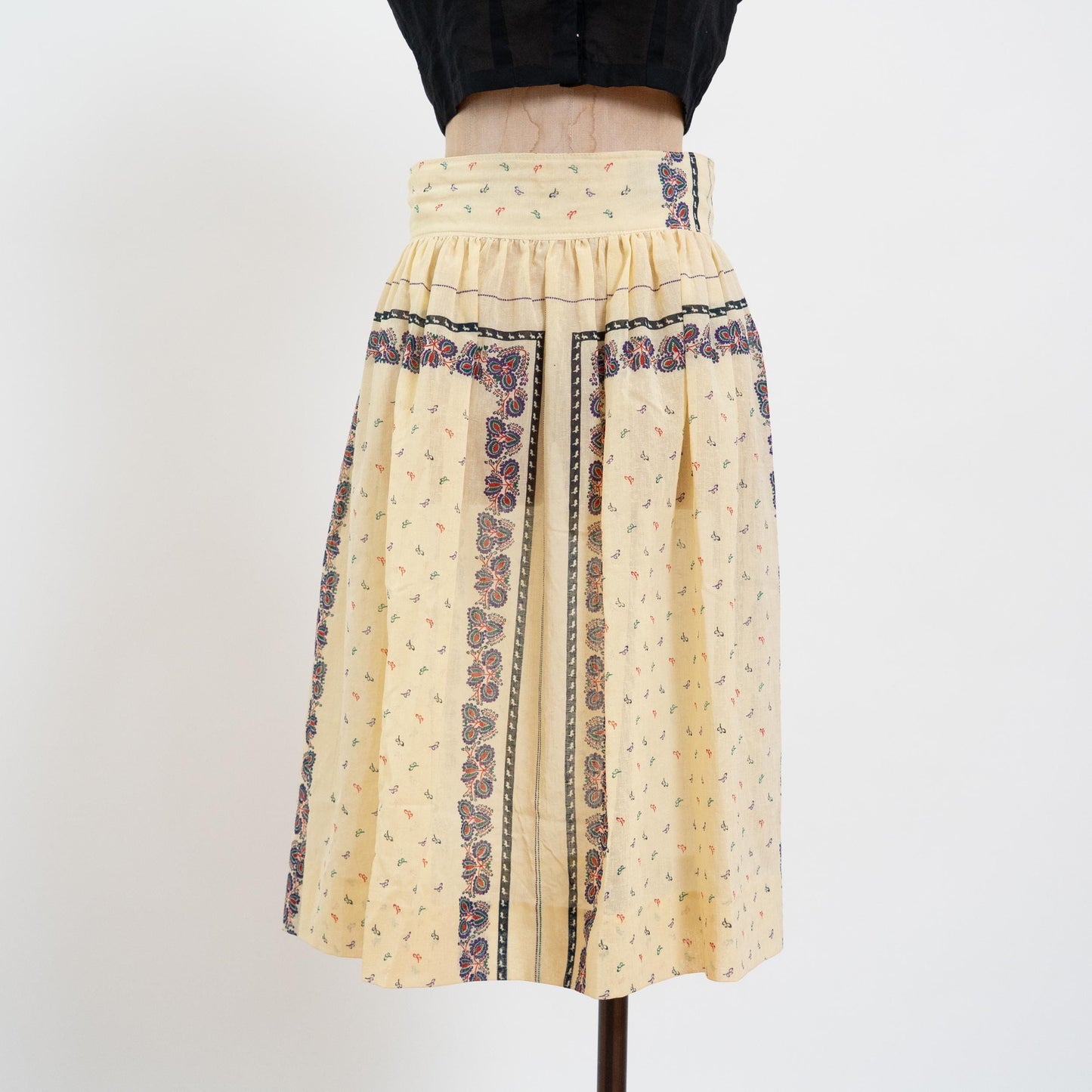 Vintage 70s Sheer Yellow Bandana Print Butter Yellow Midi Skirt - Medium, 28" Waist | Boho High Waisted A-Line Skirt