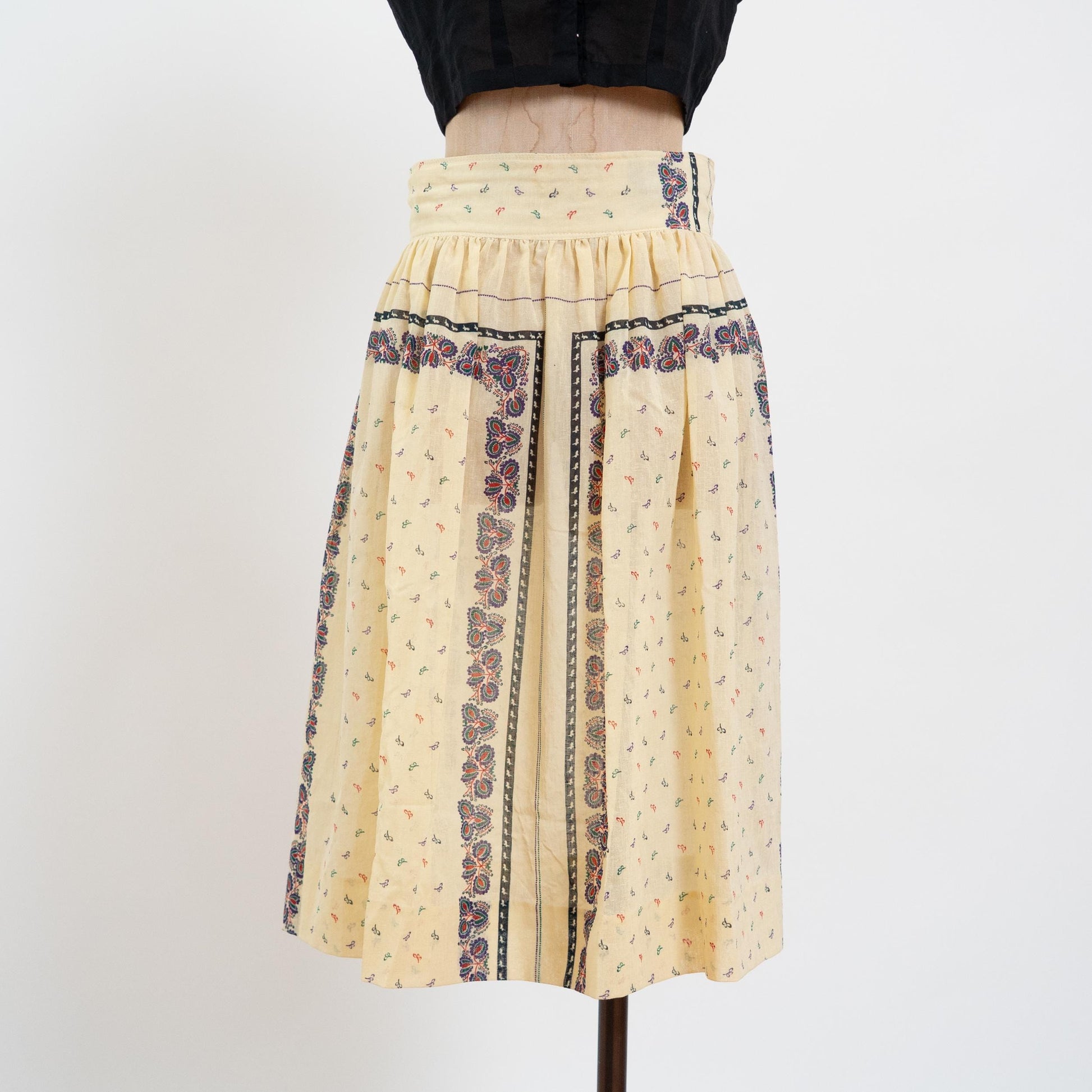 Vintage 70s Sheer Yellow Bandana Print Butter Yellow Midi Skirt - Medium, 28" Waist | Boho High Waisted A-Line Skirt
