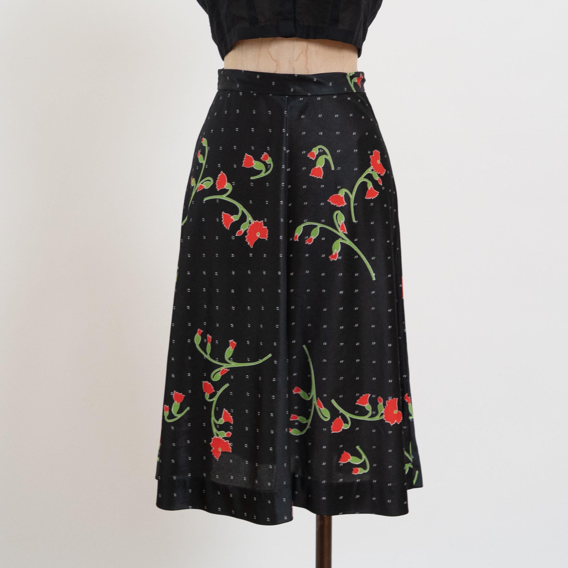 Vintage 70s Black Floral & Polka Dot Midi Skirt - Extra Small, 25" Waist | High Waisted A Line Skirt