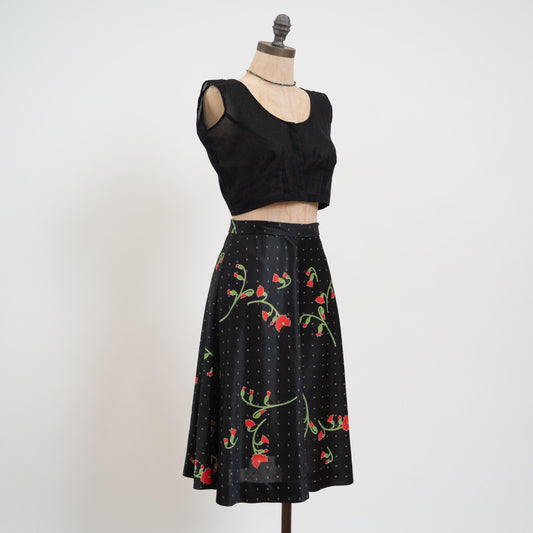 Vintage 70s Black Floral & Polka Dot Midi Skirt - Extra Small, 25" Waist | High Waisted A Line Skirt