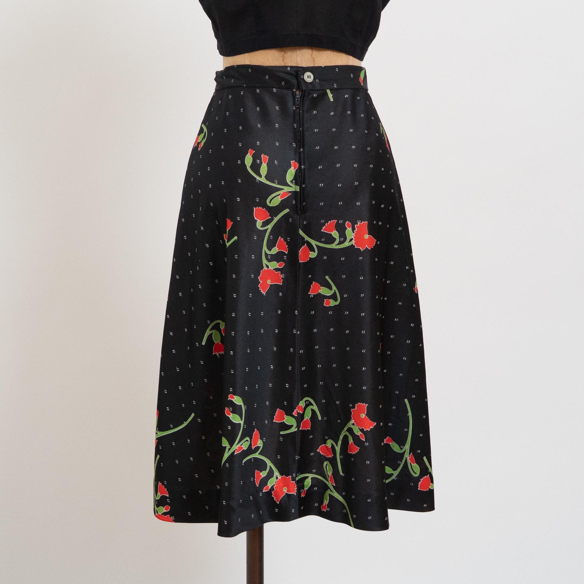 Vintage 70s Black Floral & Polka Dot Midi Skirt - Extra Small, 25" Waist | High Waisted A Line Skirt