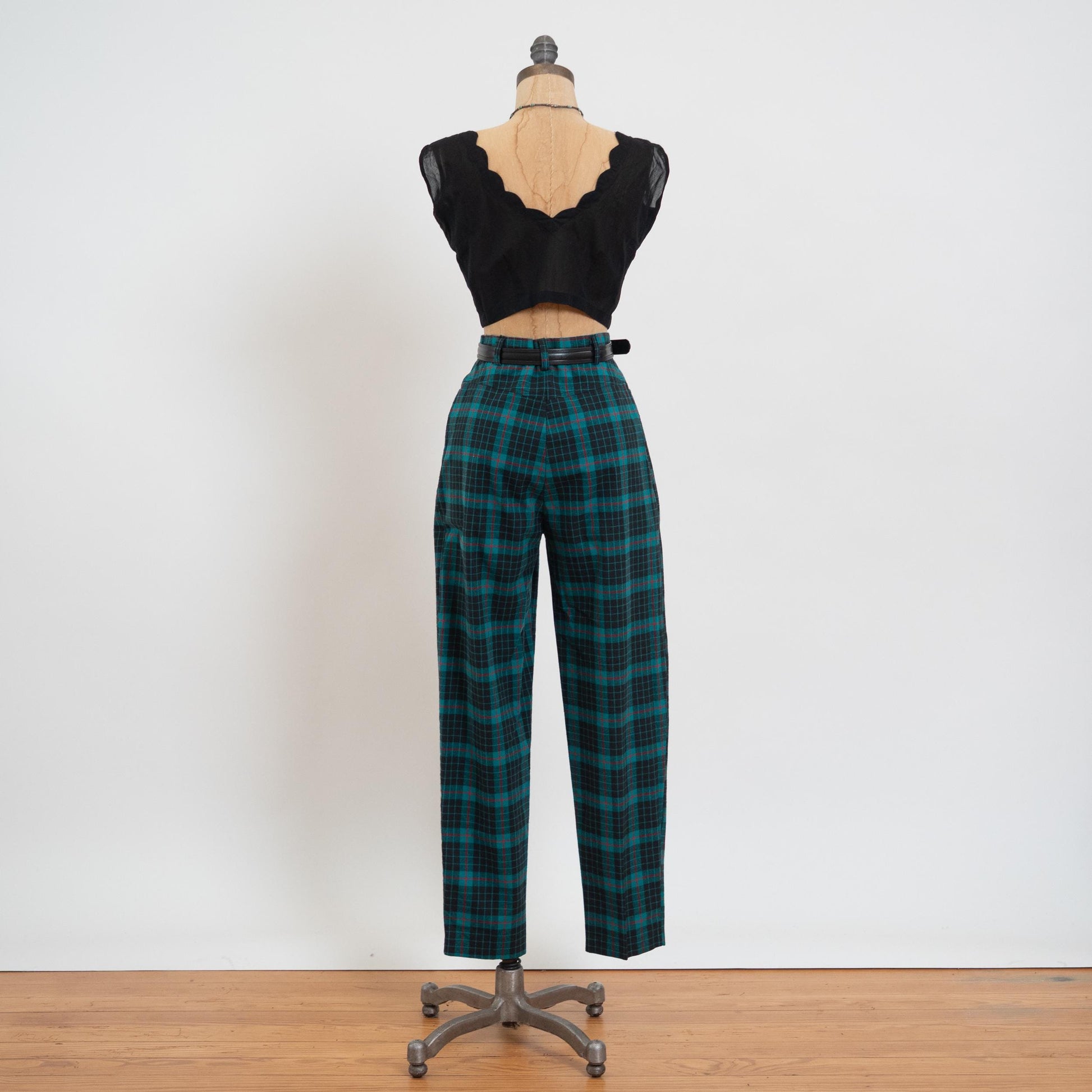 Vintage 80s Turquoise & Black Plaid Trousers - Small, 27" Waist