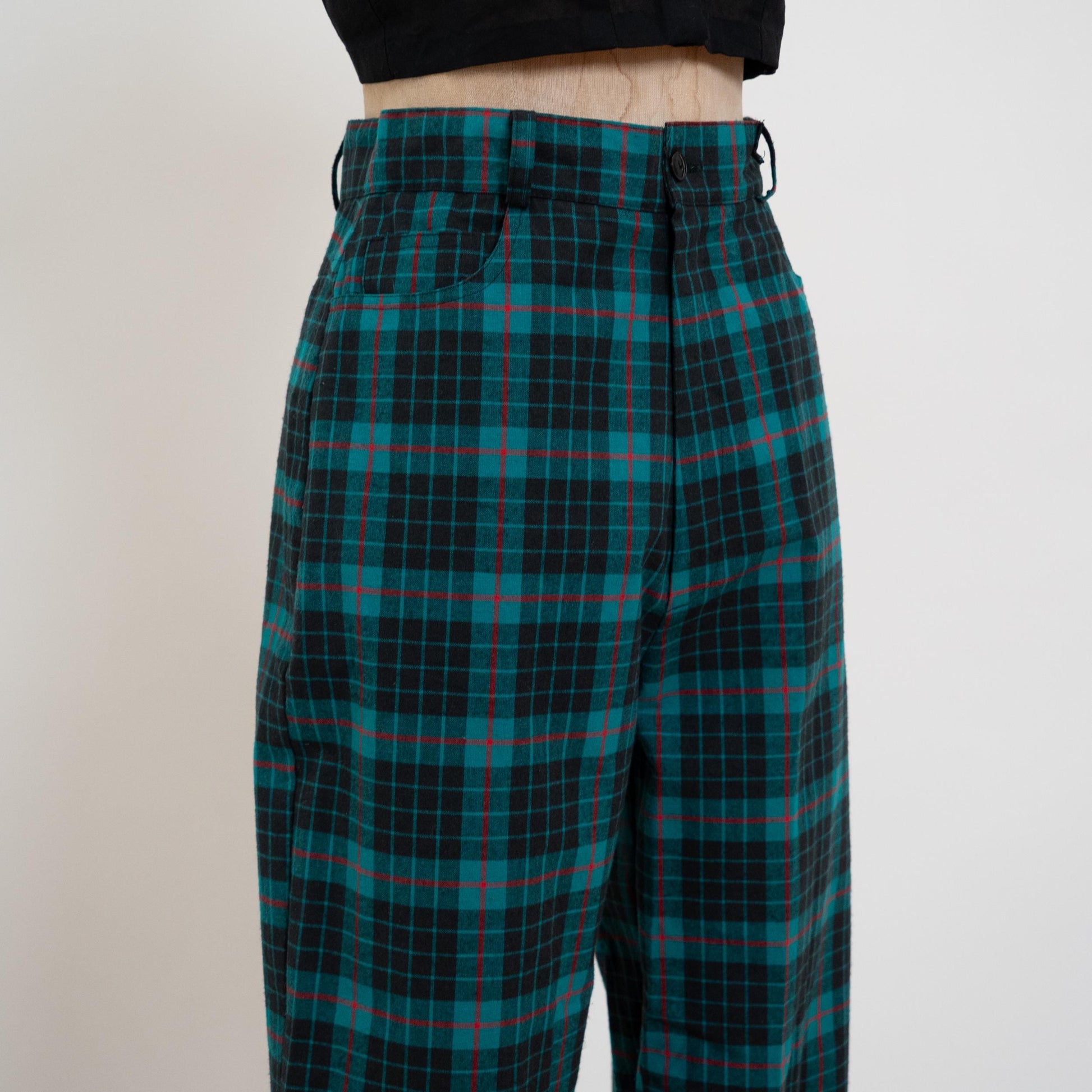 Vintage 80s Turquoise & Black Plaid Trousers - Small, 27" Waist