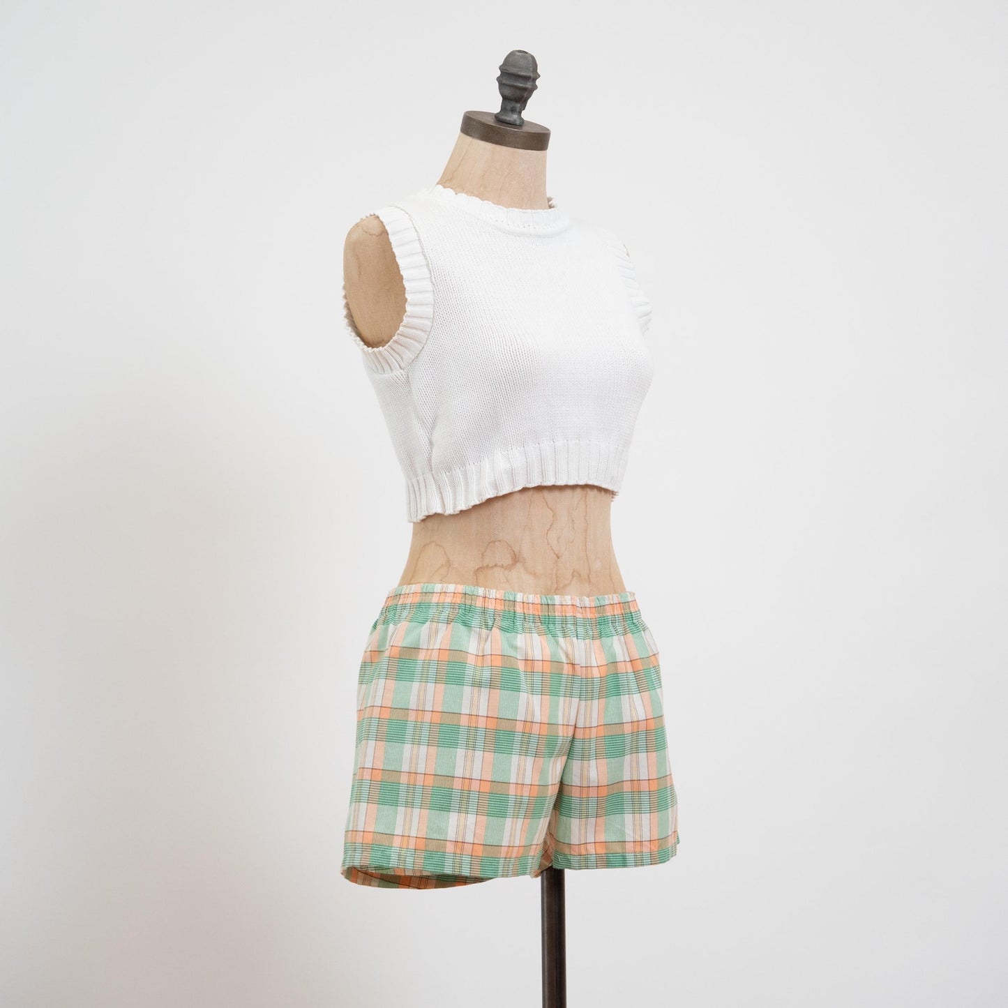 Vintage 70s Green & Orange Plaid Mini Swim Shorts - Small | Elastic Waist Mid Rise Swimwear