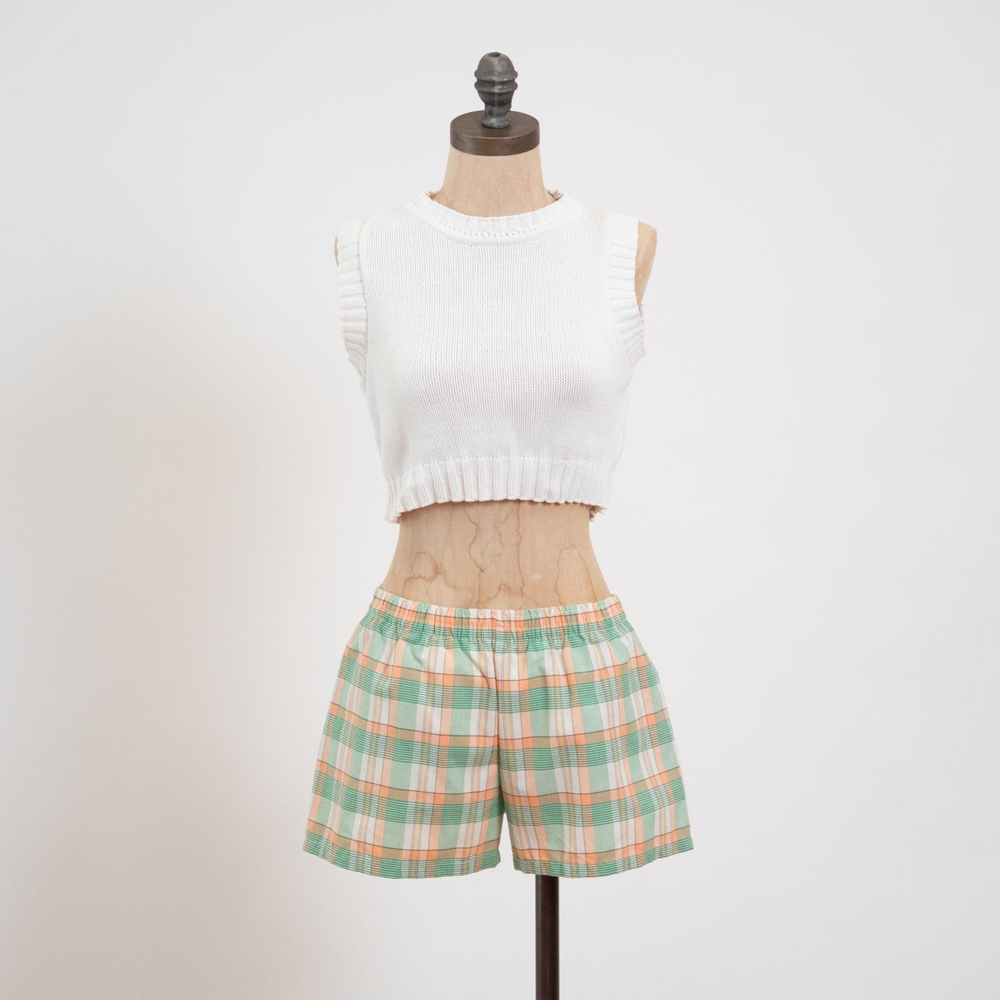 Vintage 70s Green & Orange Plaid Mini Swim Shorts - Small | Elastic Waist Mid Rise Swimwear