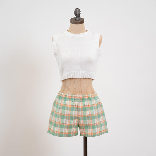 Vintage 70s Green & Orange Plaid Mini Swim Shorts - Small | Elastic Waist Mid Rise Swimwear