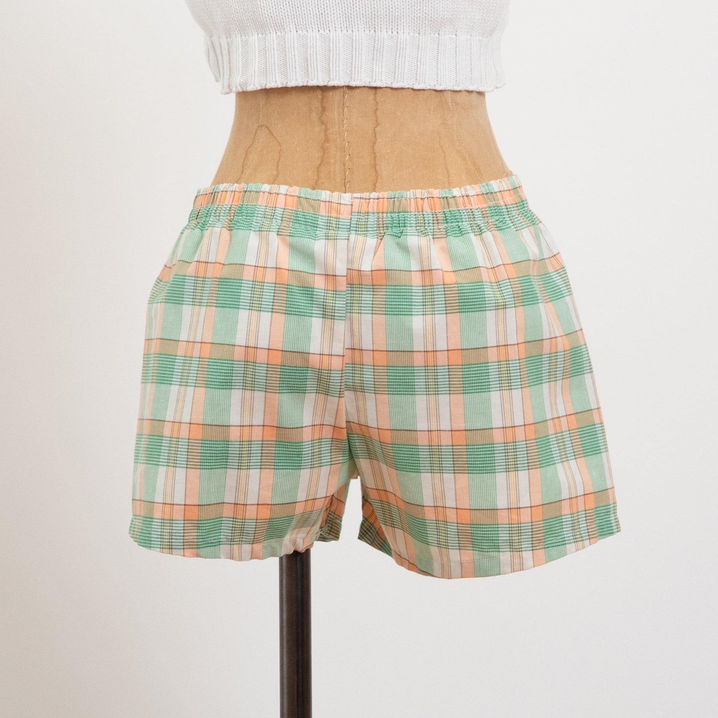 Vintage 70s Green & Orange Plaid Mini Swim Shorts - Small | Elastic Waist Mid Rise Swimwear
