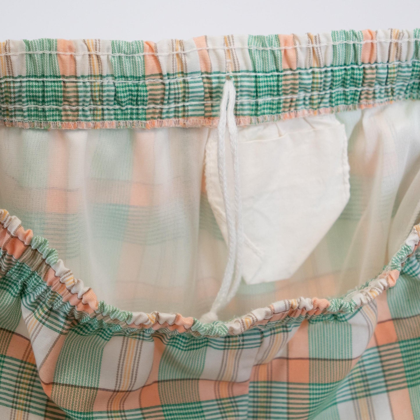 Vintage 70s Green & Orange Plaid Mini Swim Shorts - Small | Elastic Waist Mid Rise Swimwear