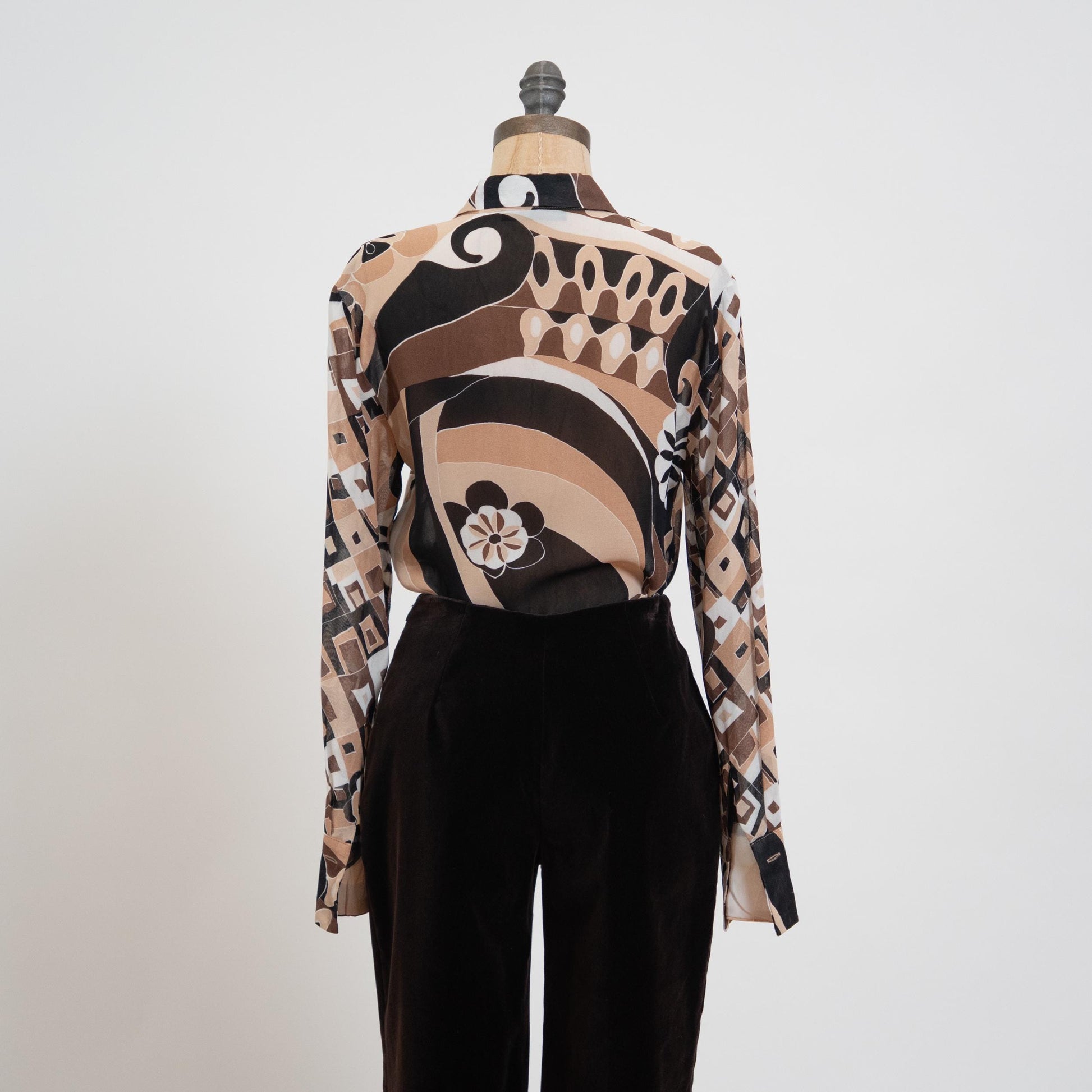 Vintage Y2K Mosaic Button Up Cufflink Blouse - Small | Mod Geometric Long Sleeve Top