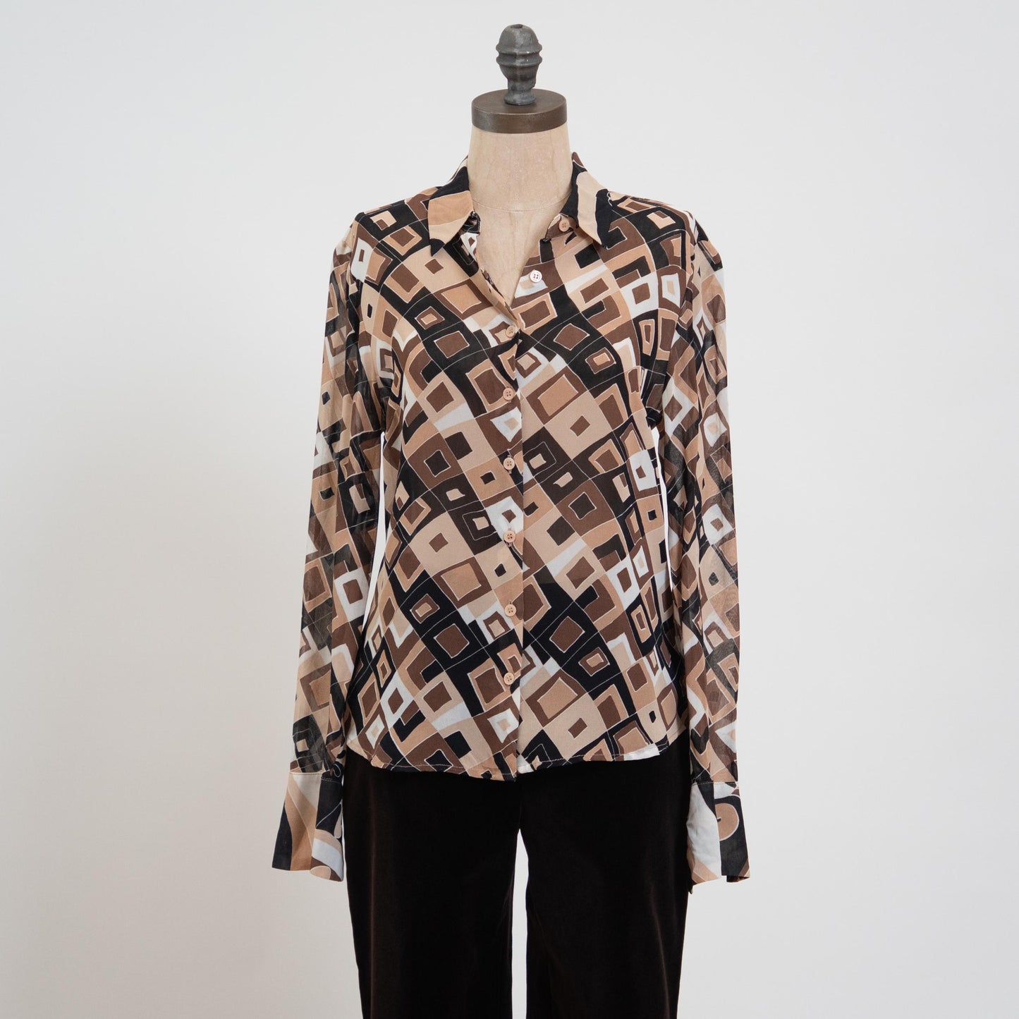 Vintage Y2K Mosaic Button Up Cufflink Blouse - Small | Mod Geometric Long Sleeve Top