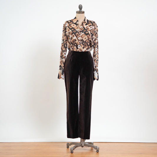 Vintage Y2K Bernard Zins Paris Brown Velvet Pants - Small, Size 4 | Minimalist High Rise Straight Leg Side Zip Trousers
