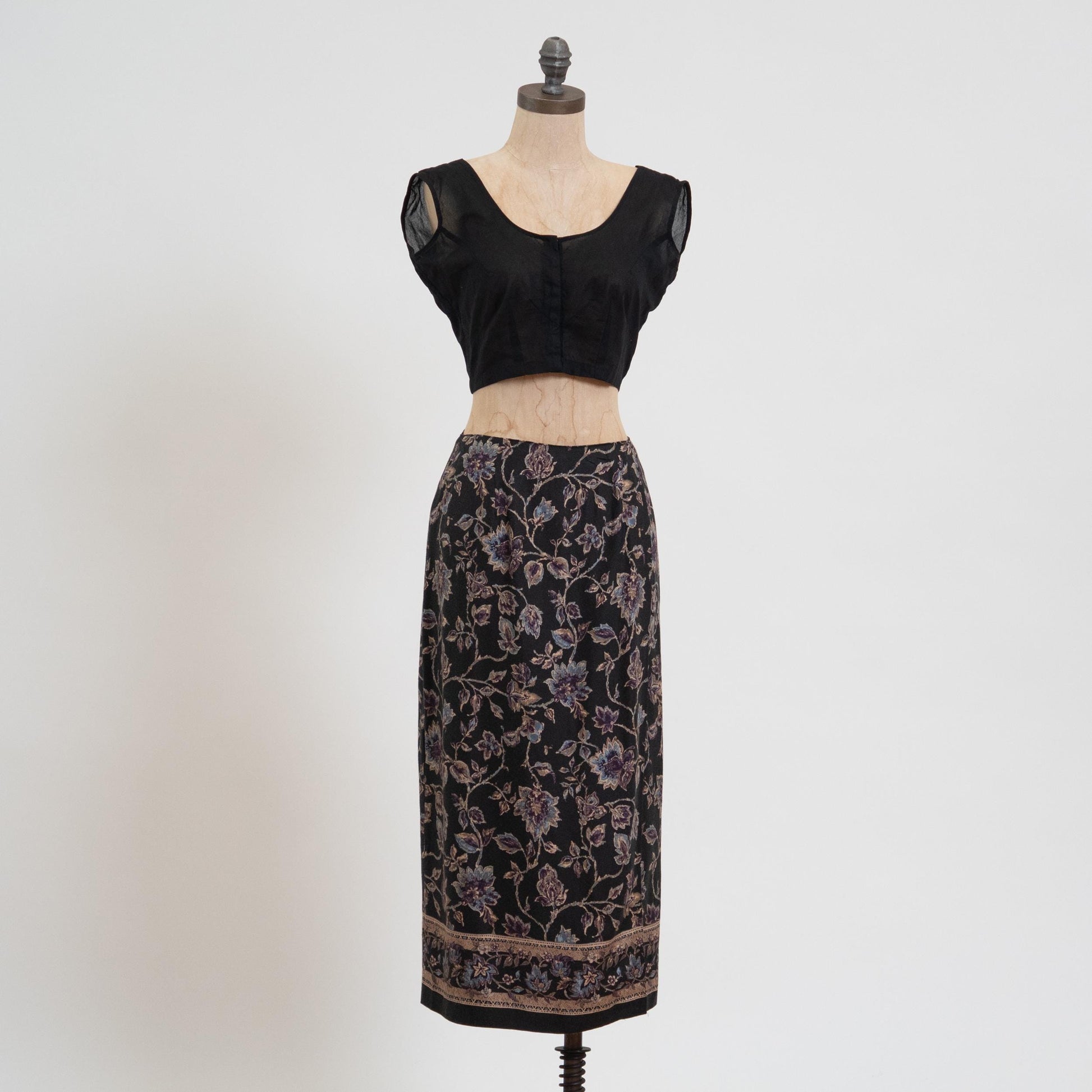 Vintage 90s Black Floral Vine Print Midi Wrap Skirt - Extra Small | Boho High Waisted Long Pencil Skirt