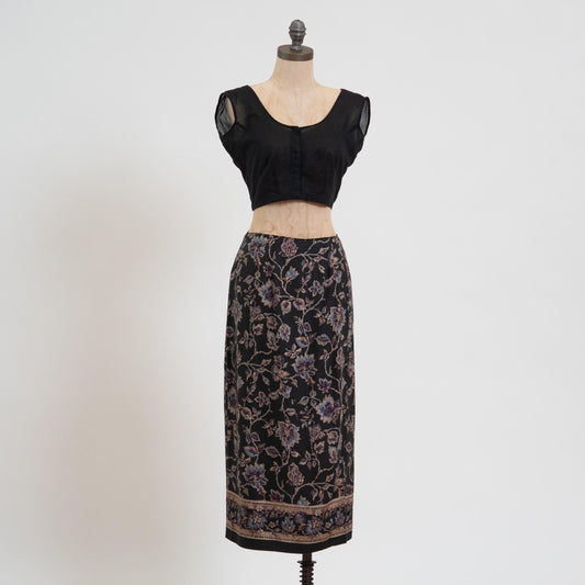 Vintage 90s Black Floral Vine Print Midi Wrap Skirt - Extra Small | Boho High Waisted Long Pencil Skirt