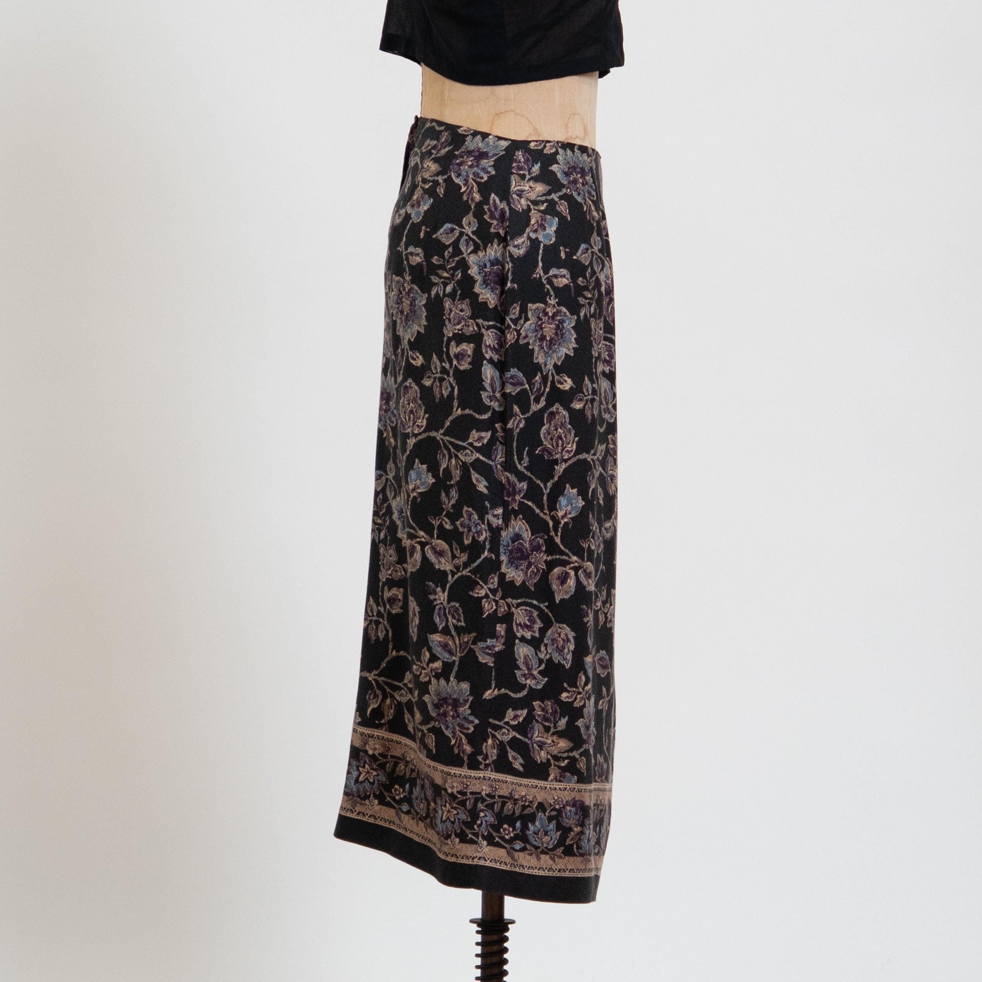 Vintage 90s Black Floral Vine Print Midi Wrap Skirt - Extra Small | Boho High Waisted Long Pencil Skirt