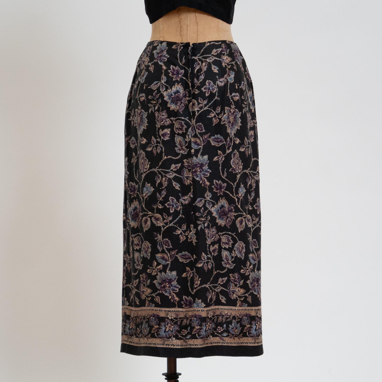 Vintage 90s Black Floral Vine Print Midi Wrap Skirt - Extra Small | Boho High Waisted Long Pencil Skirt