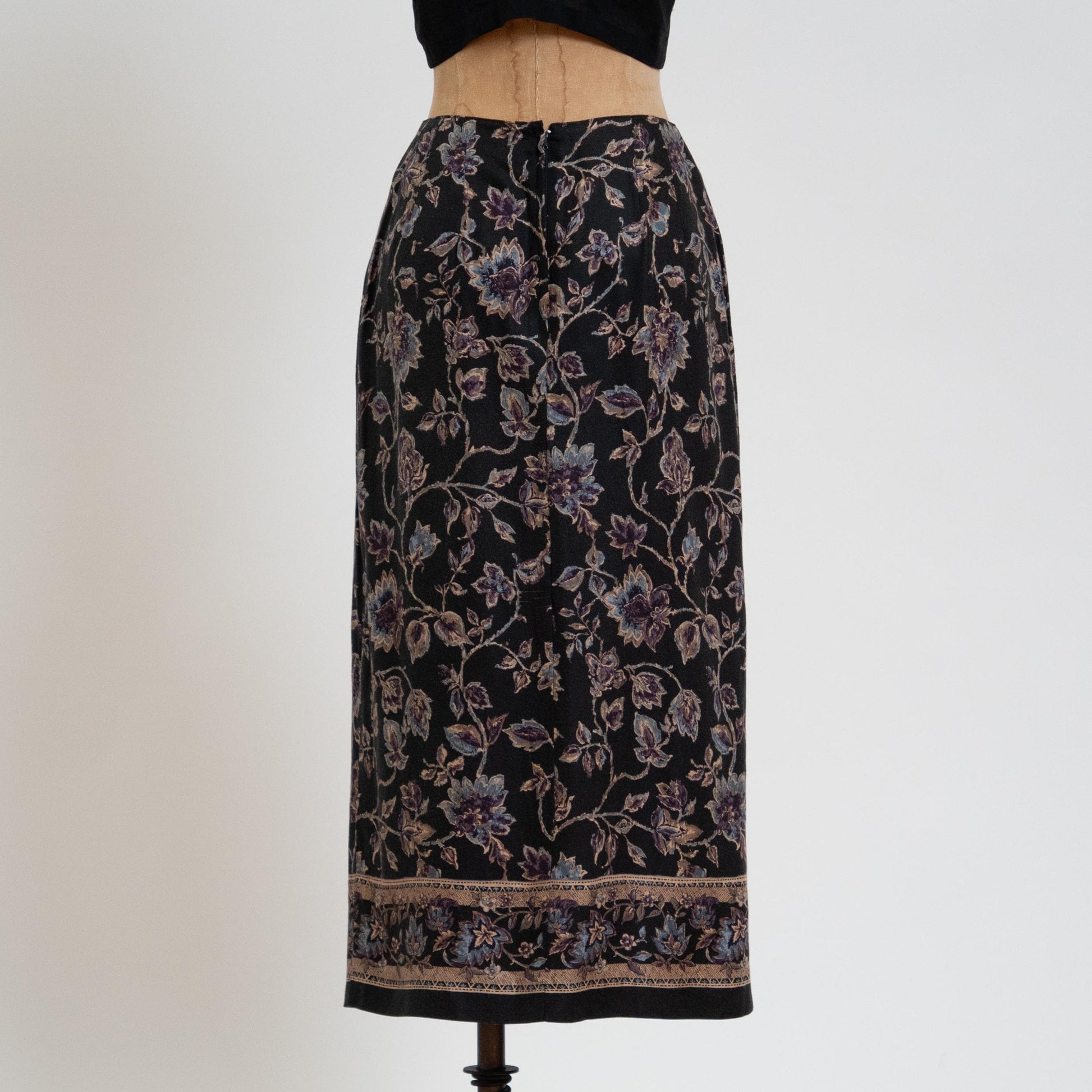Vintage 90s Black Floral Vine Print Midi Wrap Skirt - Extra Small | Boho High Waisted Long Pencil Skirt