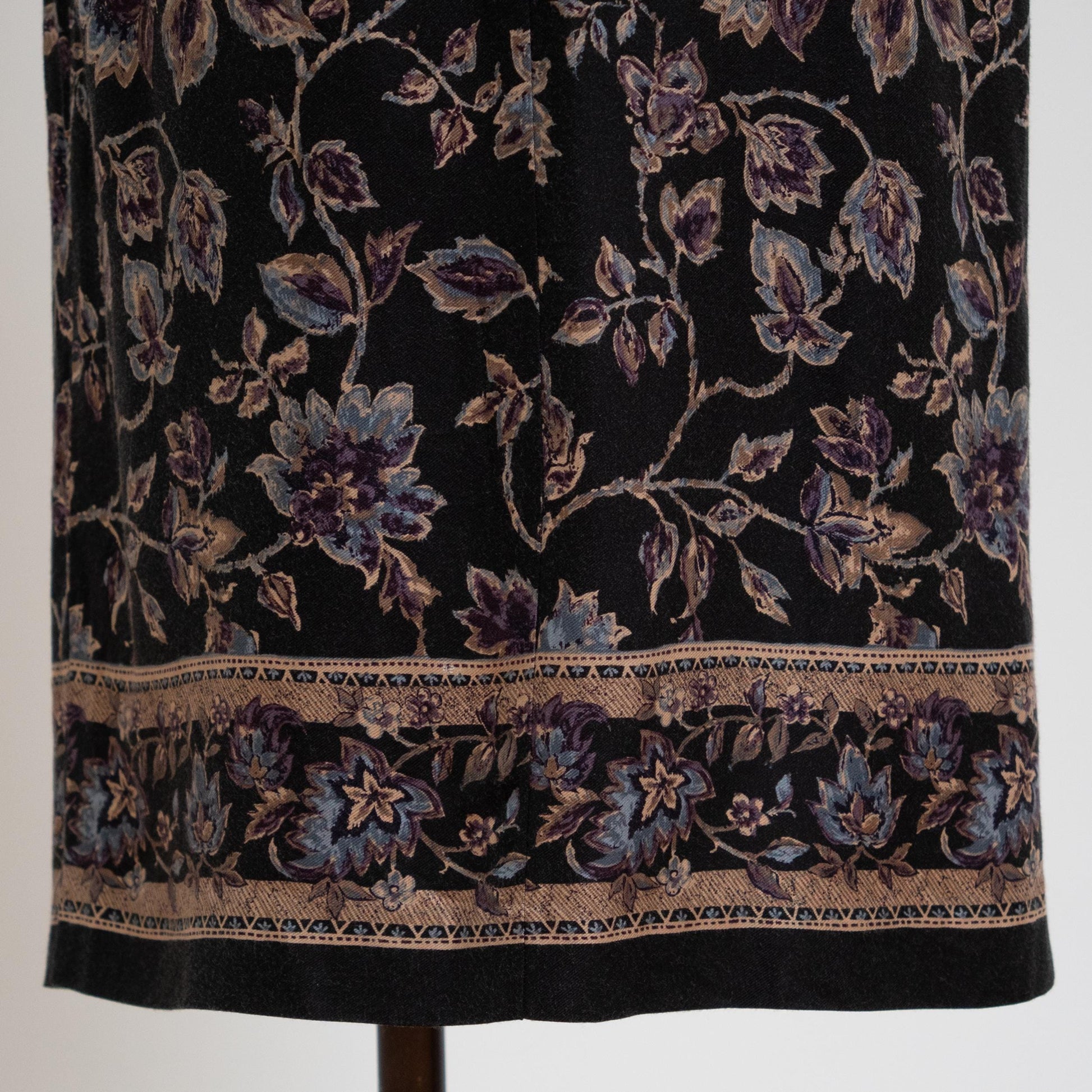 Vintage 90s Black Floral Vine Print Midi Wrap Skirt - Extra Small | Boho High Waisted Long Pencil Skirt