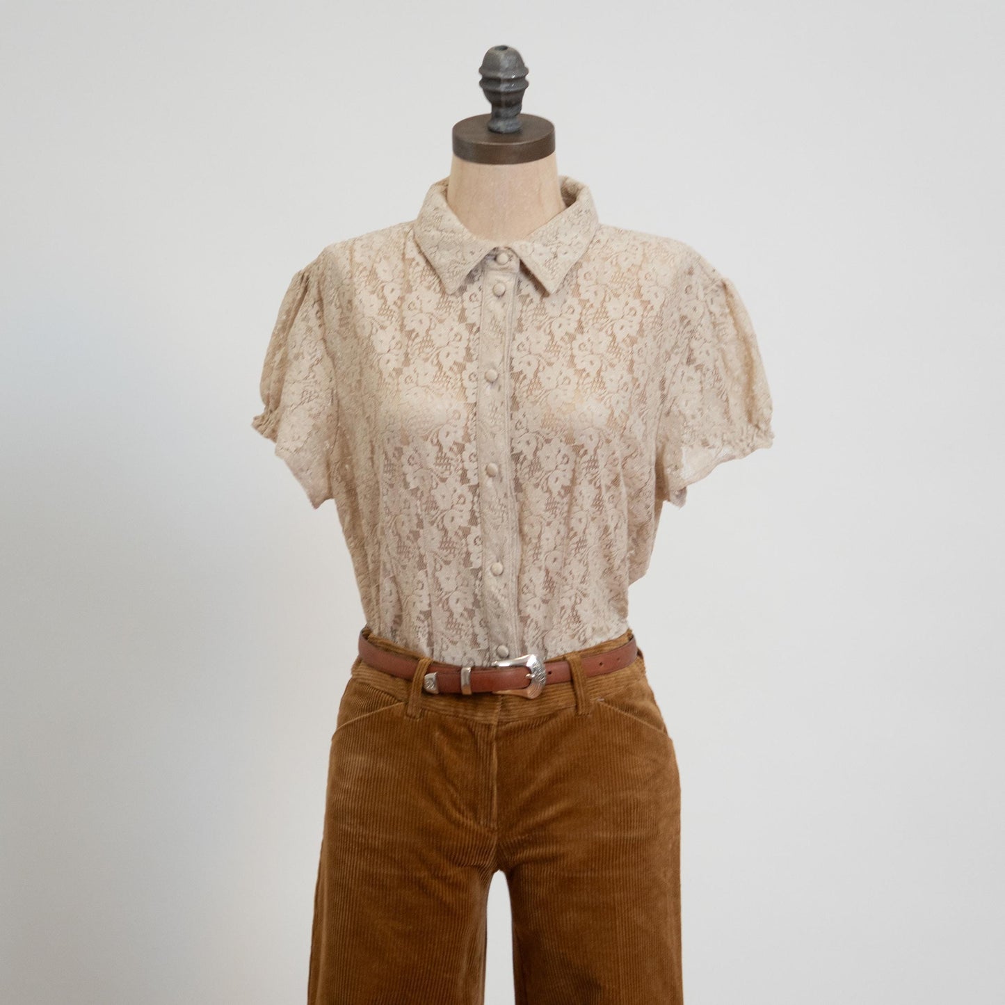 Vintage Y2K Sheer Ecru Lace Blouse - Extra Large | Boho Button Up Short Sleeve Shirt