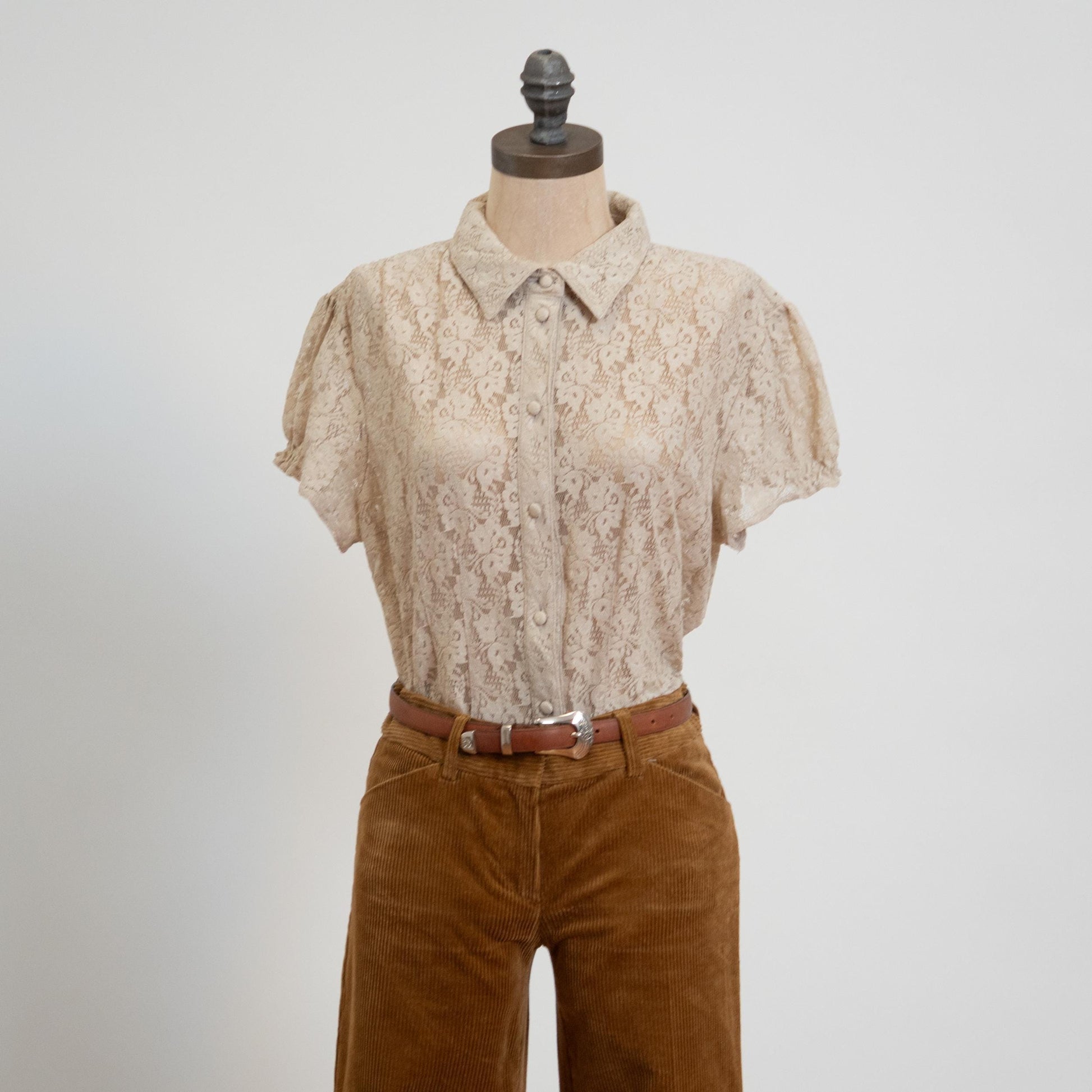 Vintage Y2K Sheer Ecru Lace Blouse - Extra Large | Boho Button Up Short Sleeve Shirt