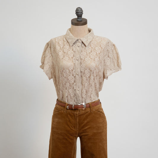 Vintage Y2K Sheer Ecru Lace Blouse - Extra Large | Boho Button Up Short Sleeve Shirt