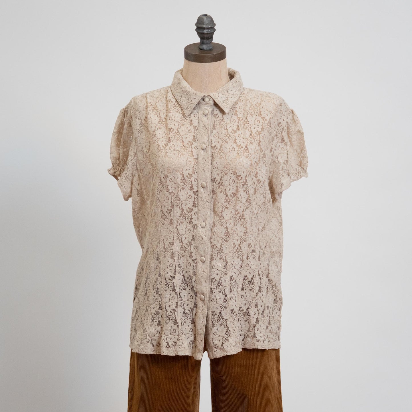 Vintage Y2K Sheer Ecru Lace Blouse - Extra Large | Boho Button Up Short Sleeve Shirt
