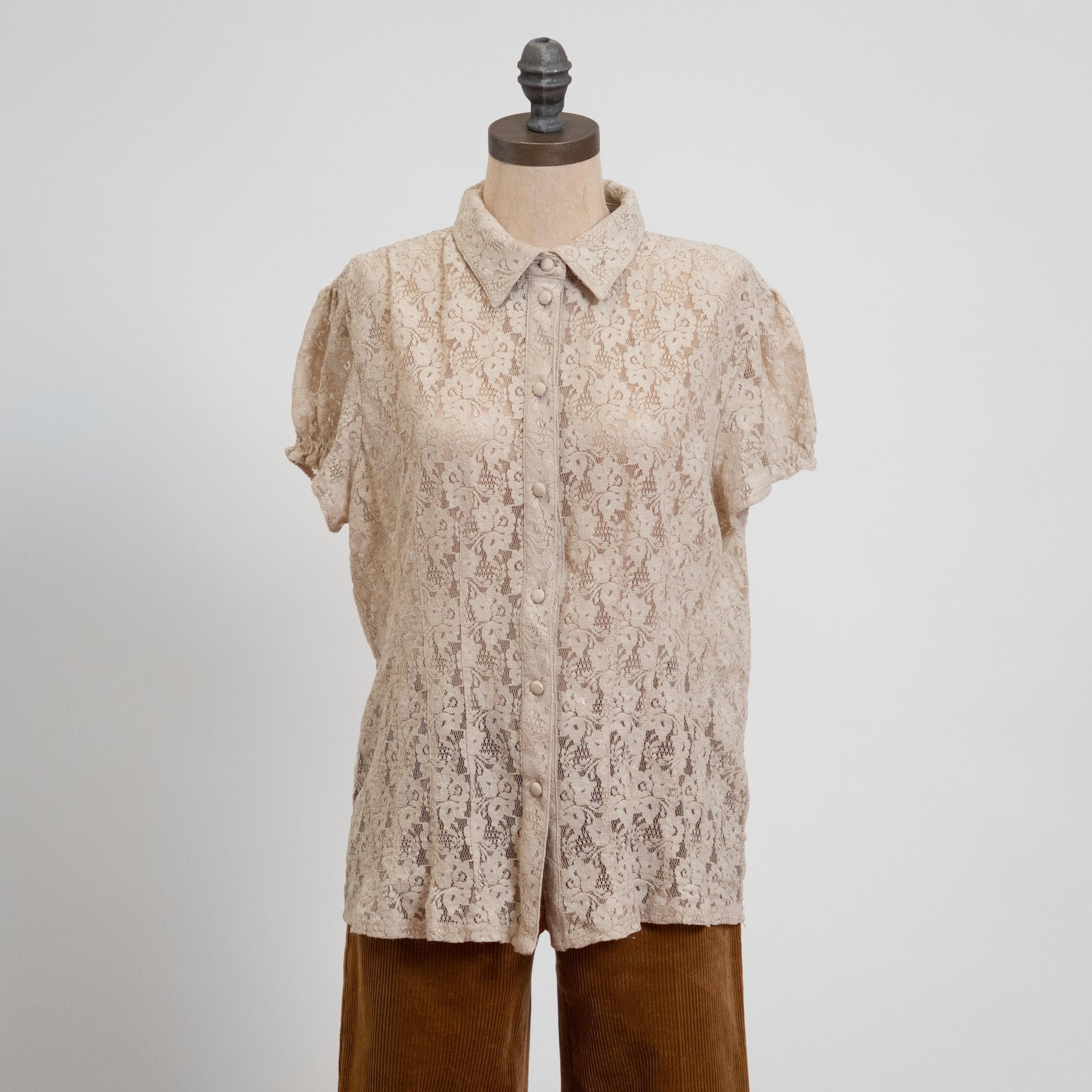 Vintage Y2K Sheer Ecru Lace Blouse - Extra Large | Boho Button Up Short Sleeve Shirt
