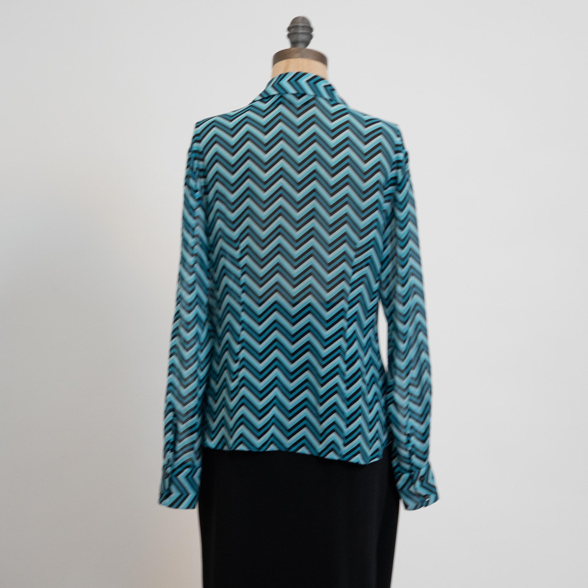 Vintage 90s Silk Chevron Striped Blouse - Medium, Size 8 | Blue Black Long Sleeve Collared Button Up Top
