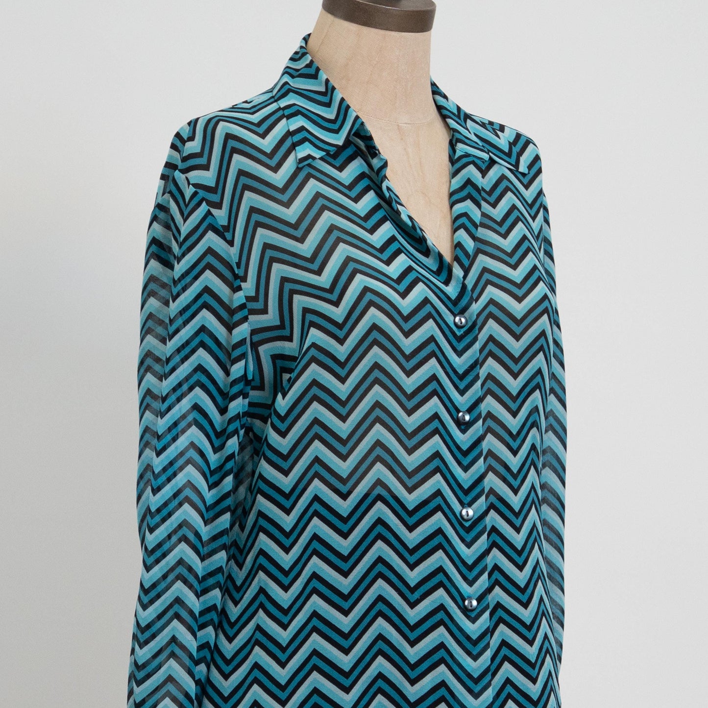 Vintage 90s Silk Chevron Striped Blouse - Medium, Size 8 | Blue Black Long Sleeve Collared Button Up Top
