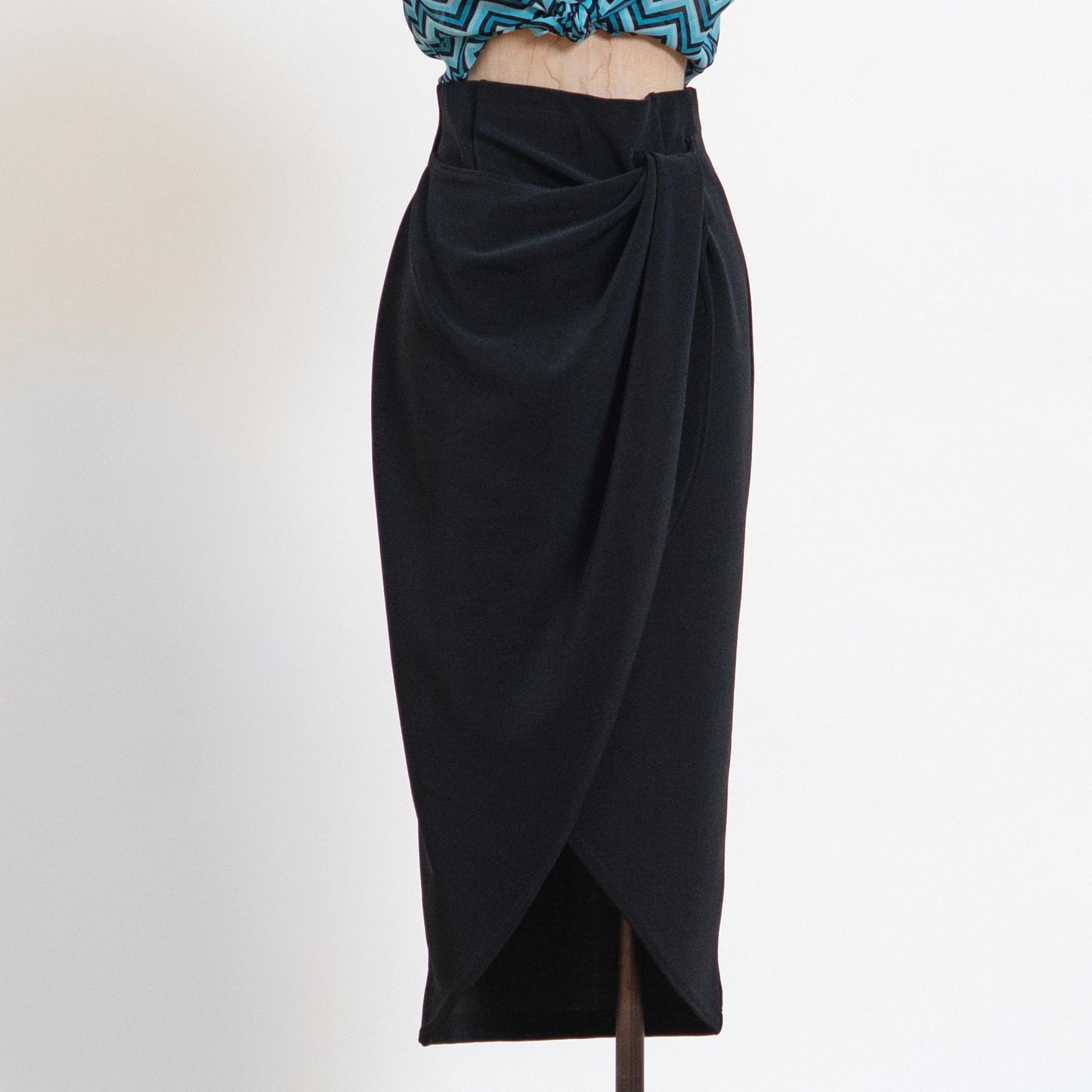 Vintage 90s Black Midi Wrap Pencil Skirt - Small | Minimalist High Waisted Sheath Skirt
