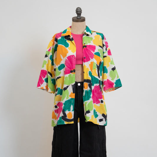 Vintage 90s Esprit Colorful Floral Paint Daub Print Shirt - Medium | Oversize Button Up Short Sleeve Cotton Top