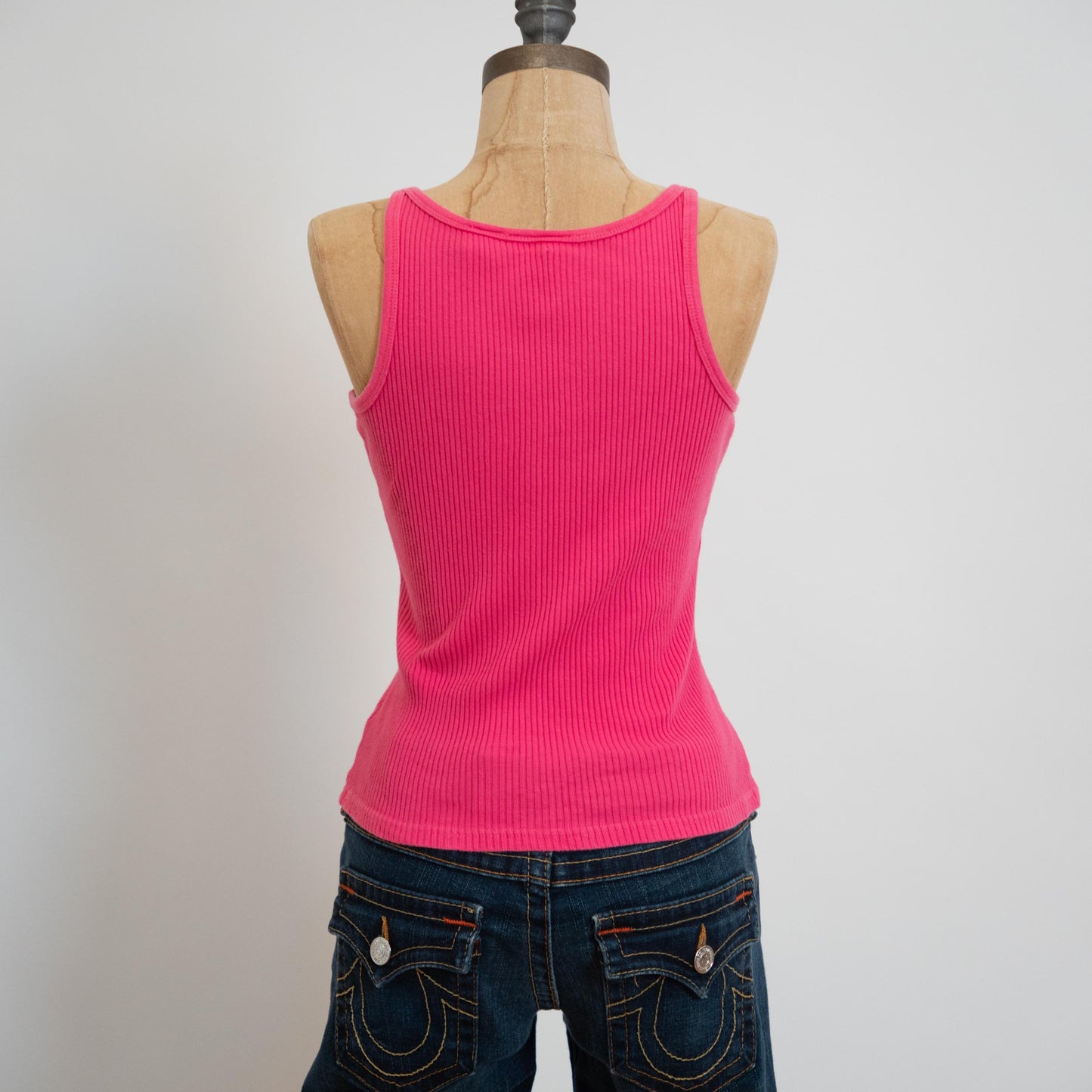 Vintage 90s Hot Pink Ribbed Tank Top - Small Medium | Cotton Sleeveless Henley Tank