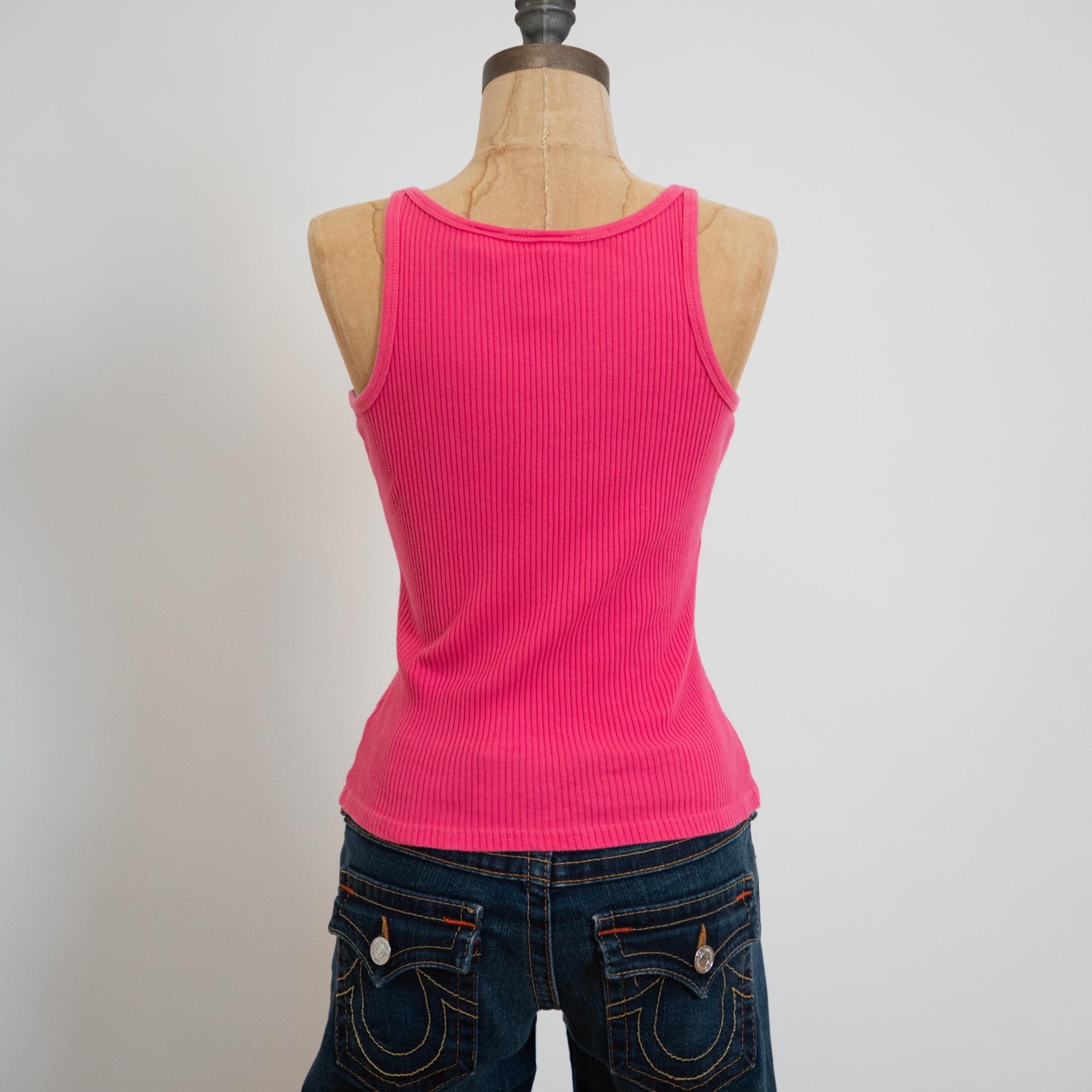 Vintage 90s Hot Pink Ribbed Tank Top - Small Medium | Cotton Sleeveless Henley Tank