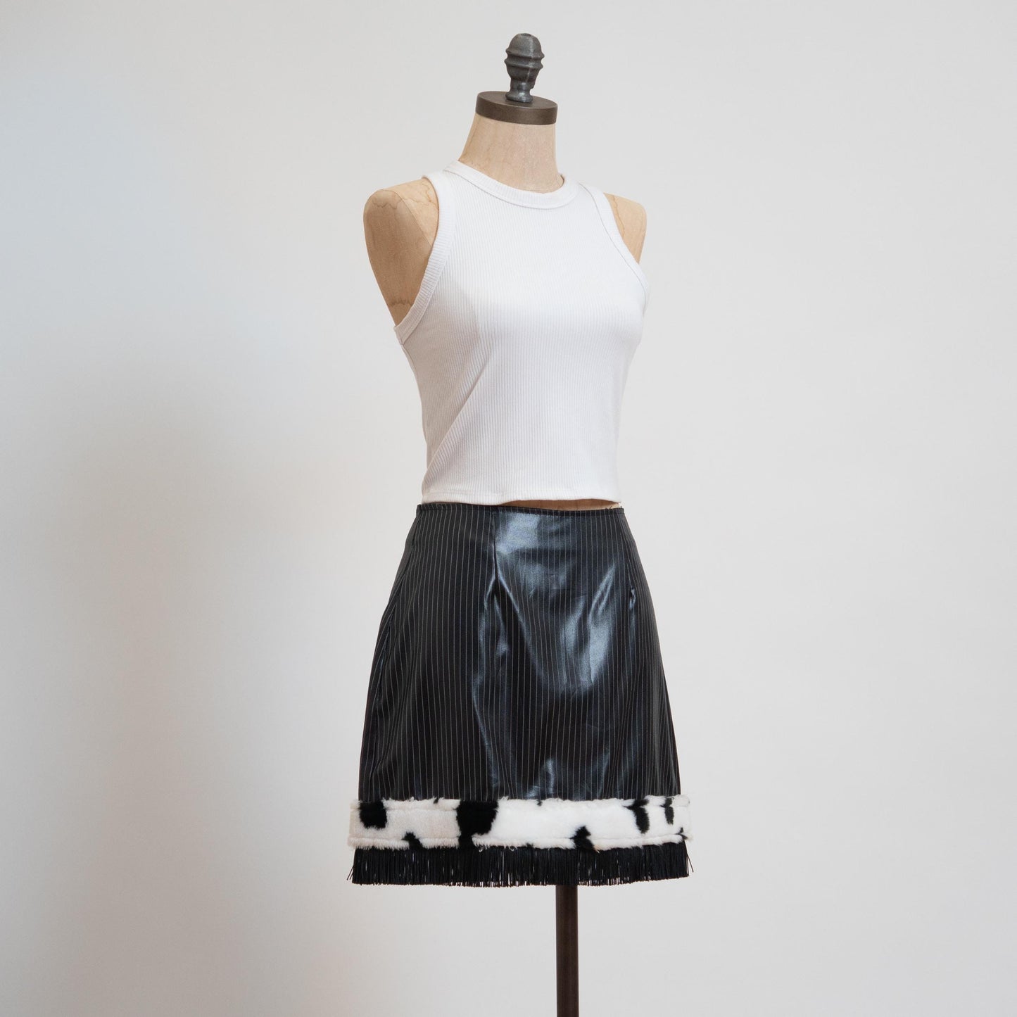 Vintage 90s Black Pinstripe & Cow Print Faux Fur Mini Skirt - Small | High Waisted Clubwear Fringe Miniskirt