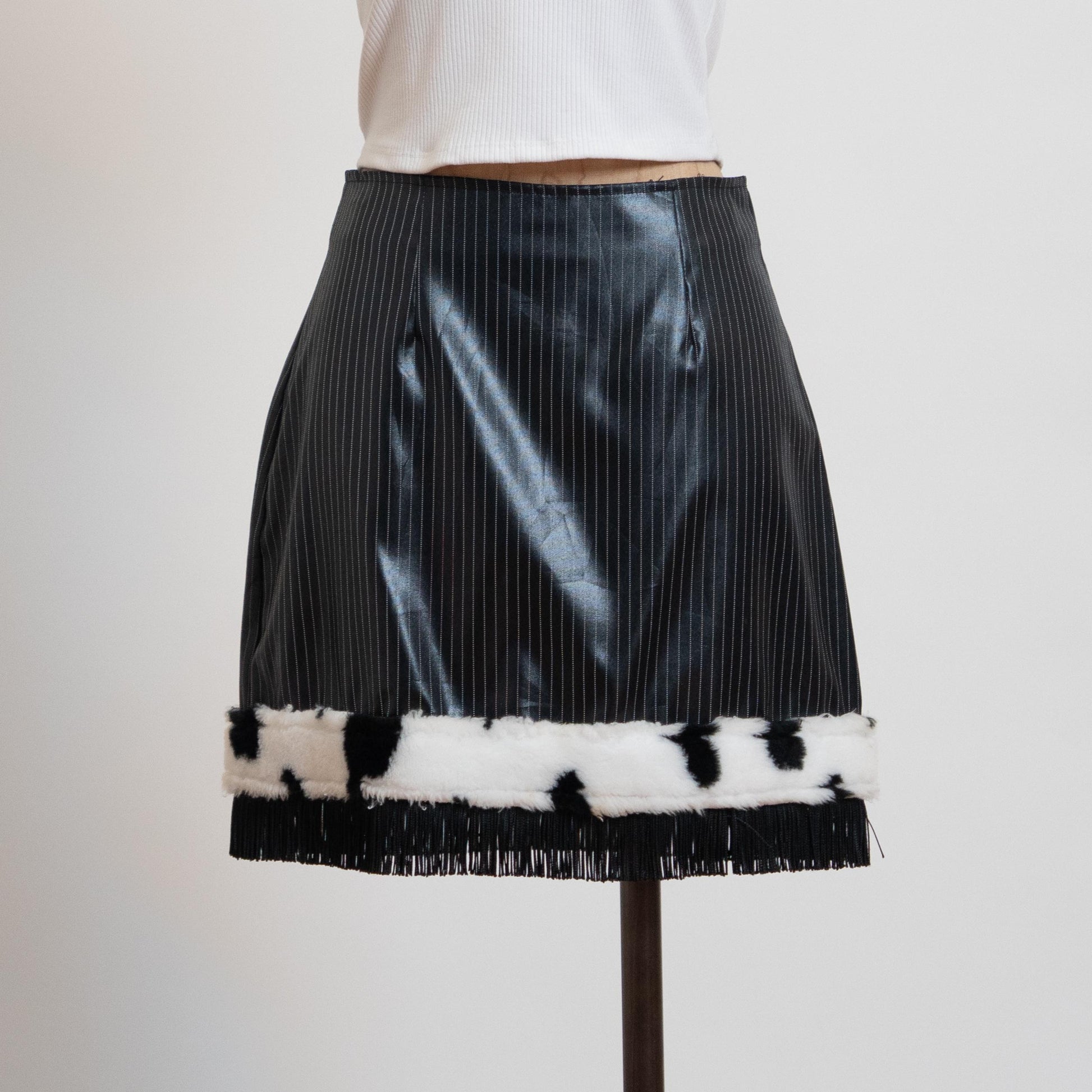 Vintage 90s Black Pinstripe & Cow Print Faux Fur Mini Skirt - Small | High Waisted Clubwear Fringe Miniskirt