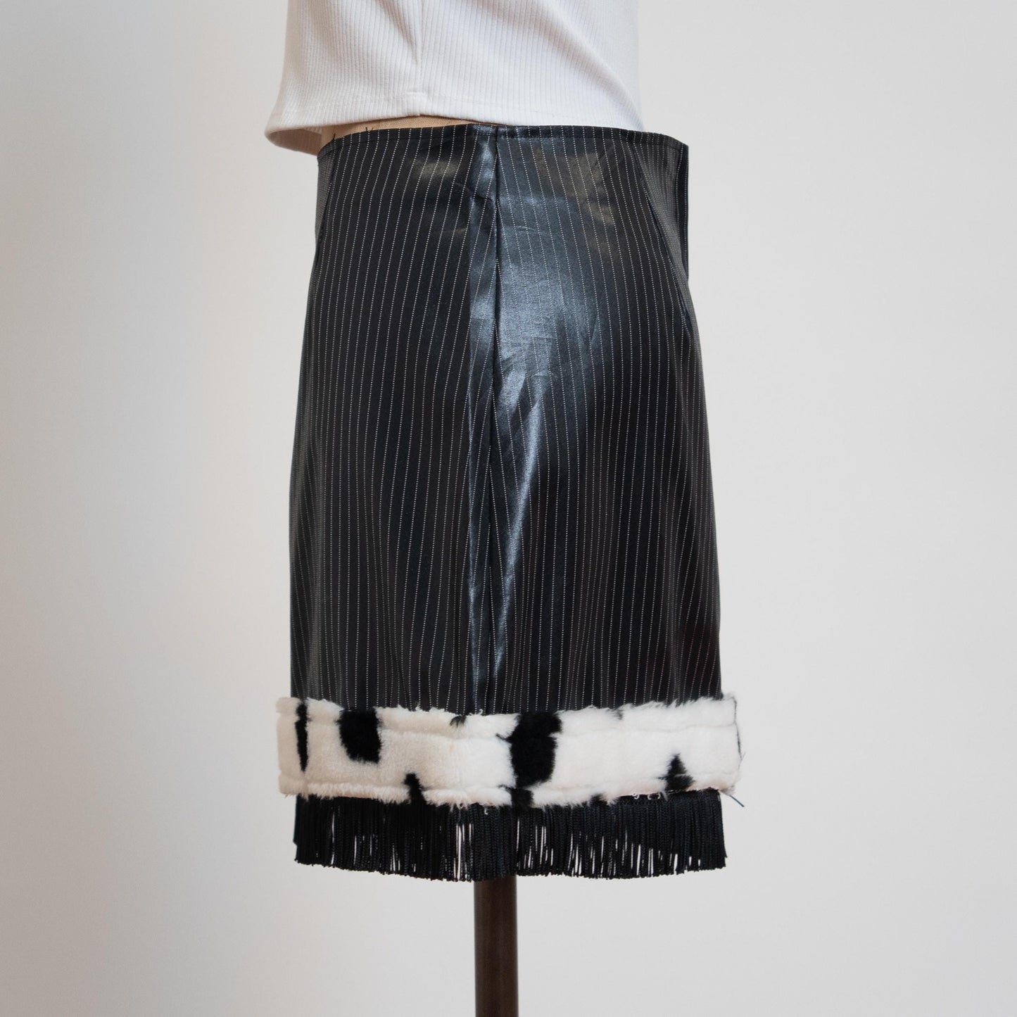 Vintage 90s Black Pinstripe & Cow Print Faux Fur Mini Skirt - Small | High Waisted Clubwear Fringe Miniskirt