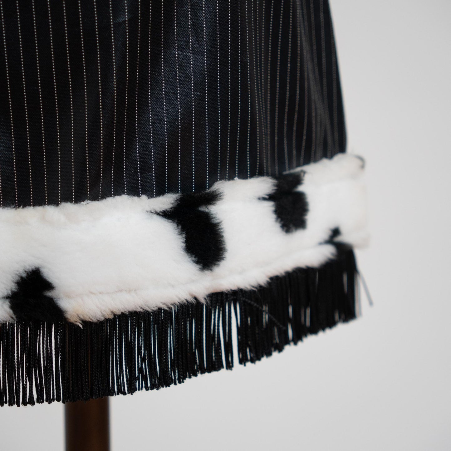 Vintage 90s Black Pinstripe & Cow Print Faux Fur Mini Skirt - Small | High Waisted Clubwear Fringe Miniskirt