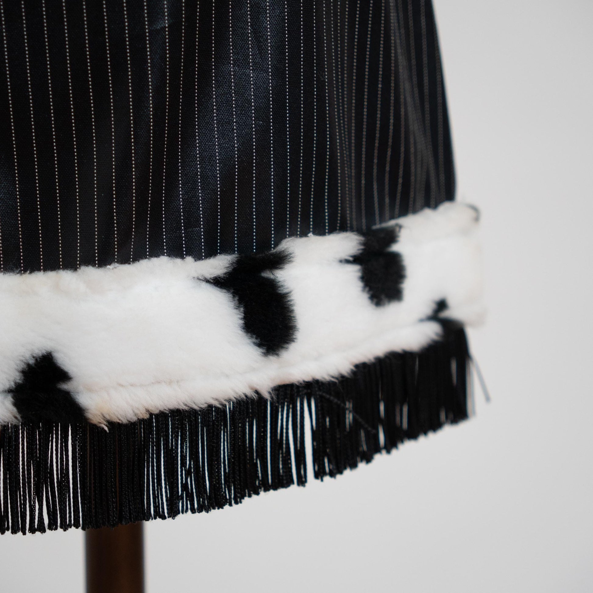 Vintage 90s Black Pinstripe & Cow Print Faux Fur Mini Skirt - Small | High Waisted Clubwear Fringe Miniskirt