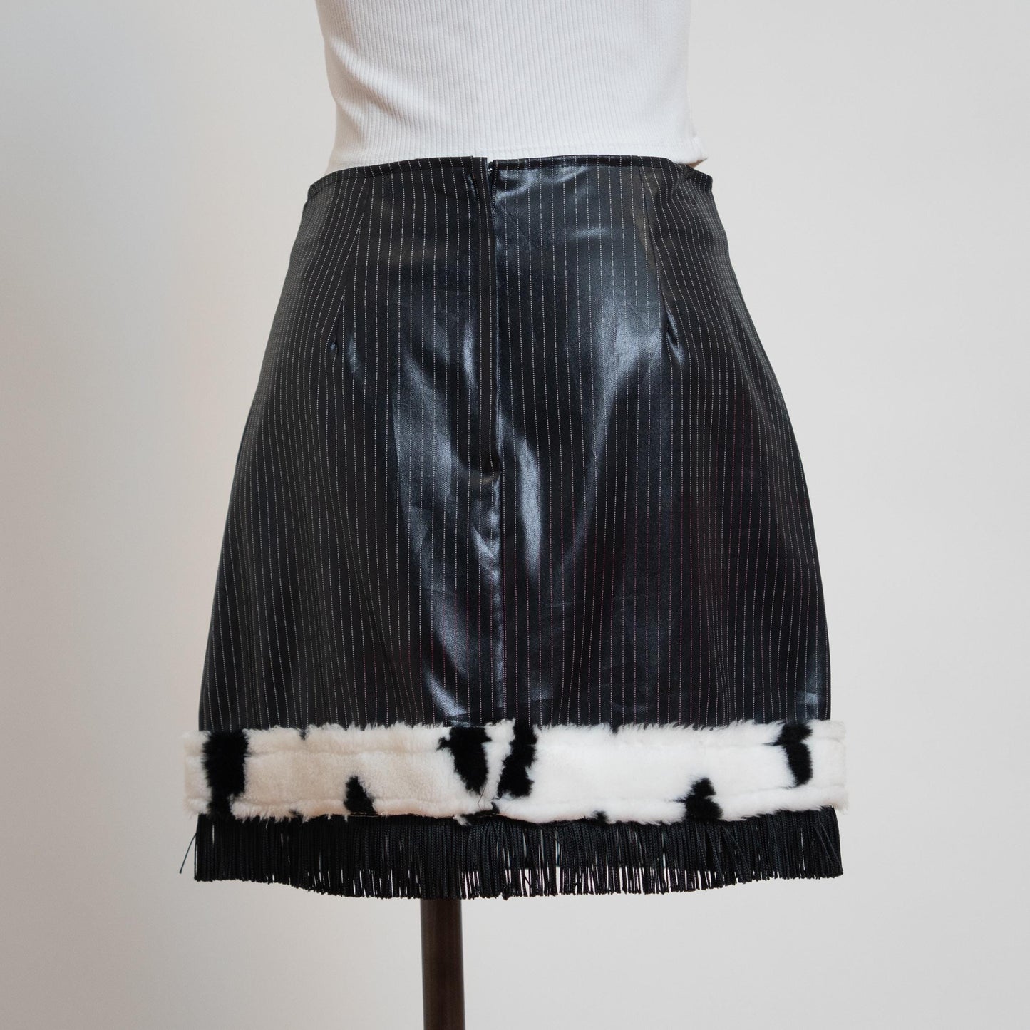 Vintage 90s Black Pinstripe & Cow Print Faux Fur Mini Skirt - Small | High Waisted Clubwear Fringe Miniskirt