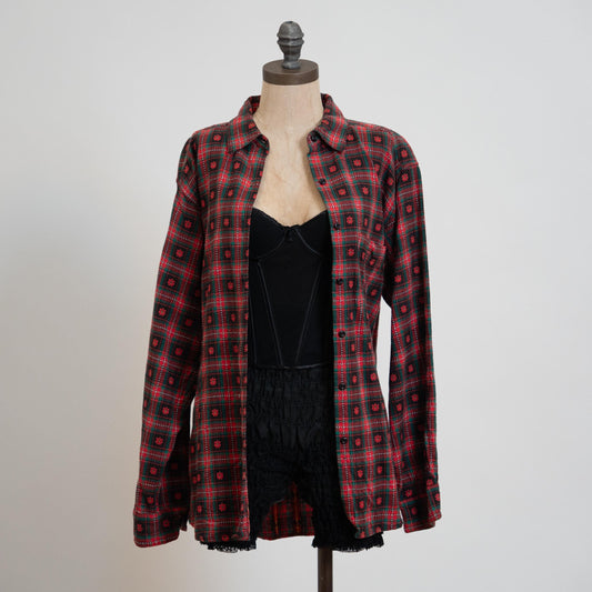 Vintage 90s Red & Green Floral Plaid Cotton Button Up Shirt - Extra Large | Grunge Oversize Collared Long Sleeve Top