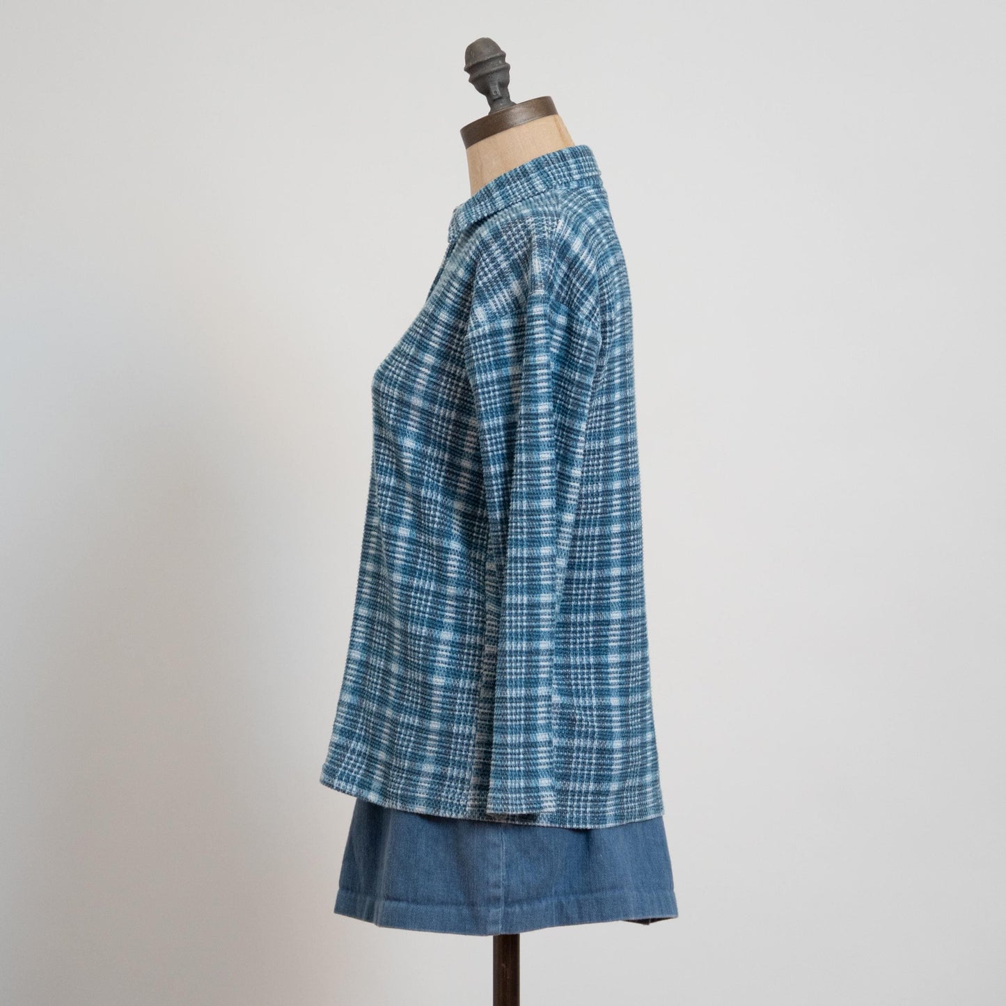 Vintage 90s Blue Plaid Waffle Knit Quarter Zip Shirt - Medium | Cotton Blend Long Sleeve Slouchy Grunge Top