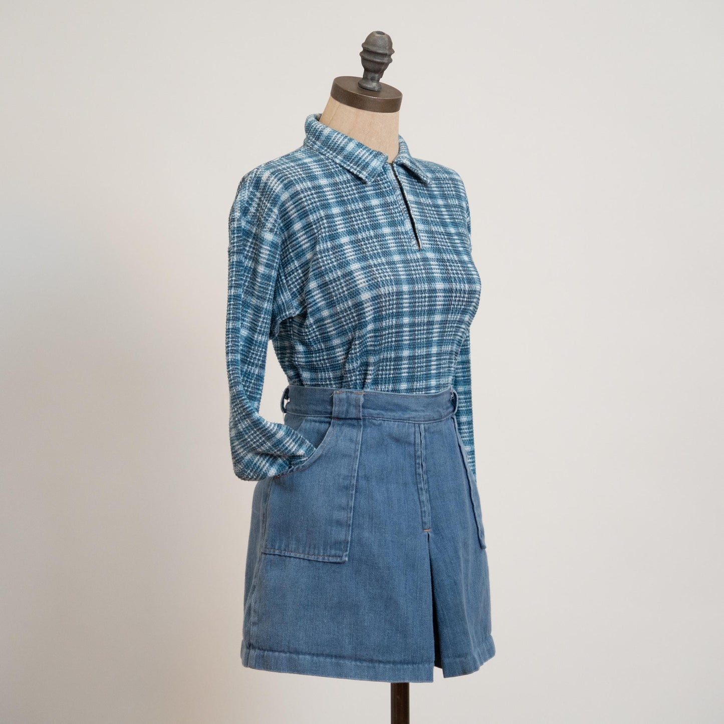 Vintage 90s Blue Plaid Waffle Knit Quarter Zip Shirt - Medium | Cotton Blend Long Sleeve Slouchy Grunge Top