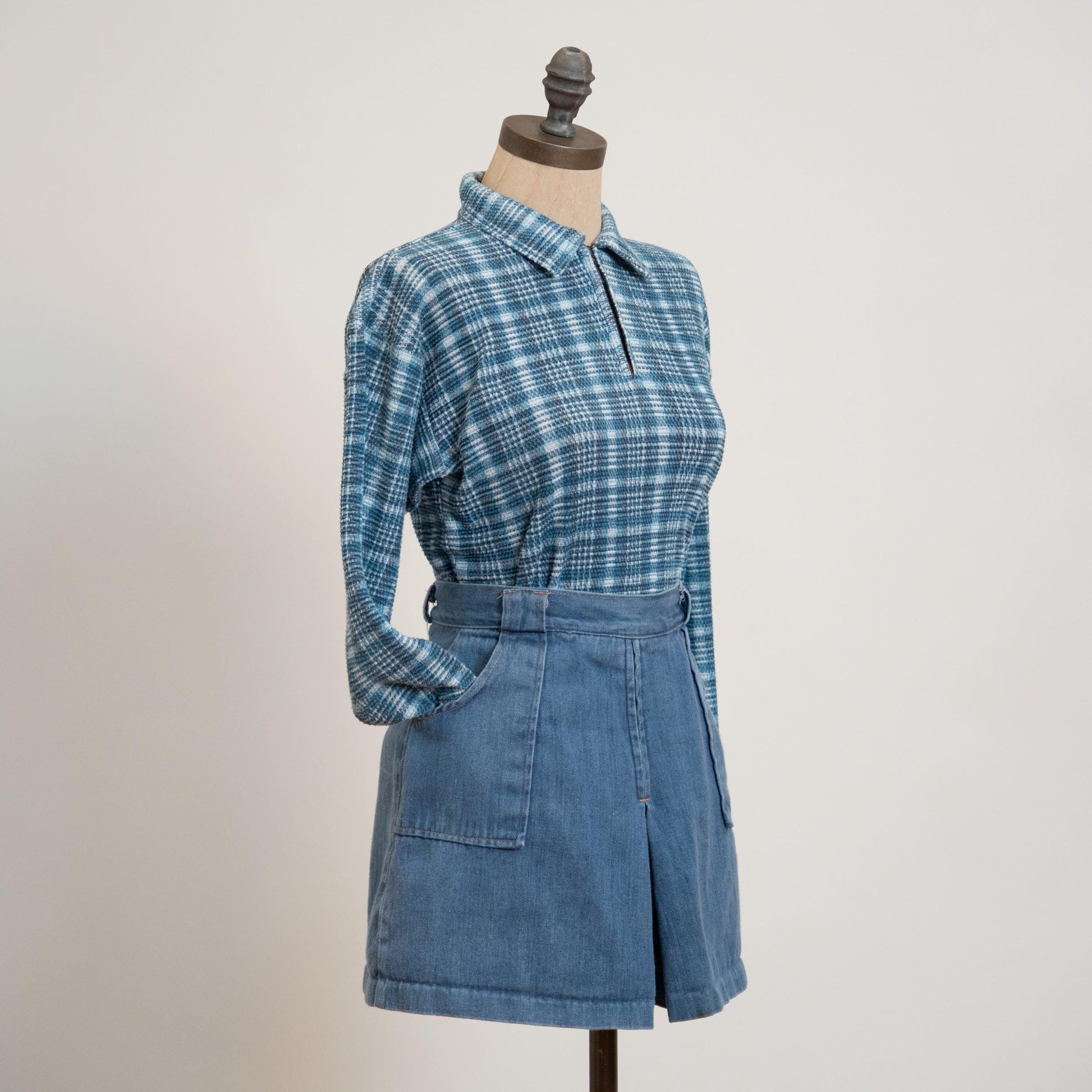 Vintage 90s Blue Plaid Waffle Knit Quarter Zip Shirt - Medium | Cotton Blend Long Sleeve Slouchy Grunge Top